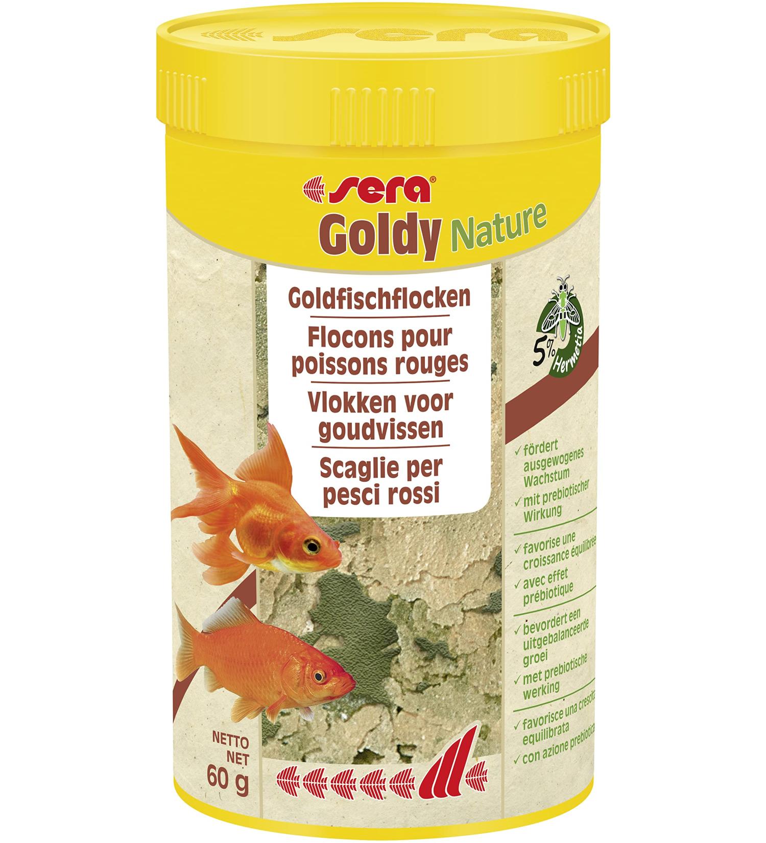 Sera Goldy Nature 250 ml - goldfish feed for healthy growth & magnificent colors fish feed for aquarium flake feed with high feed valuability and thus less algae flakes 60 g (1 Pack)