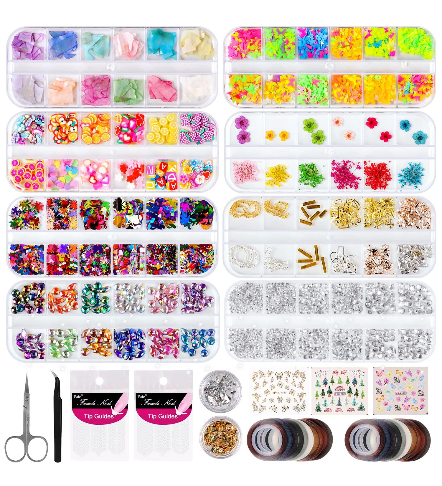 Asalle Nail Art Decorations Kit - 8 Boxes Rhinestones, Dried Flowers, Stickers, Glitter Sequins for Acrylic Nails - Buy Online on GoSupps.com