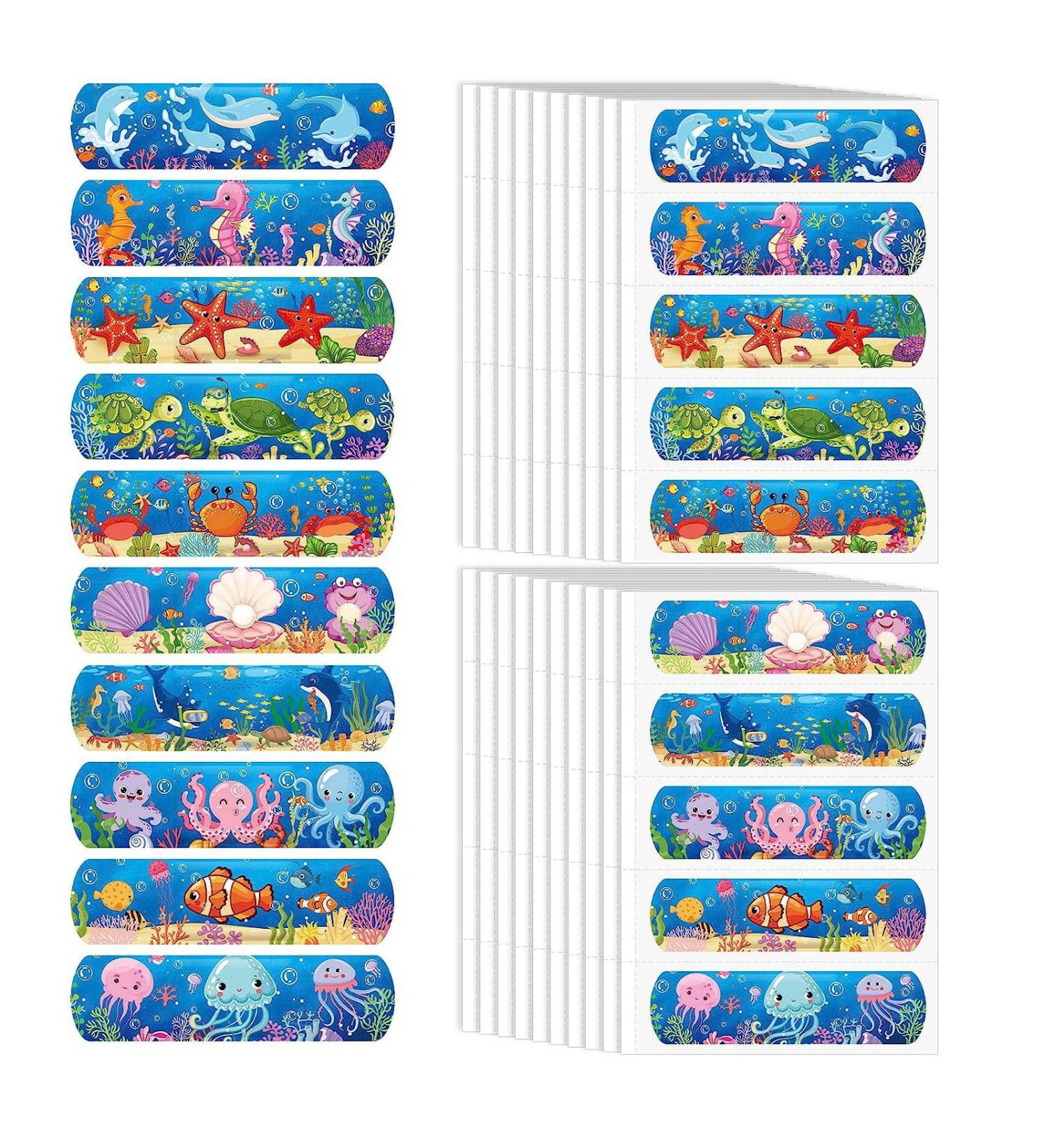 100Pcs Cartoon Bandages Flexible Adhesive Colorful Cute Bandages Waterproof Knuckle Fingertip Breathable Stickers Protection Care Cuts for Girls Boys Children Toddlers (Sea Animal)