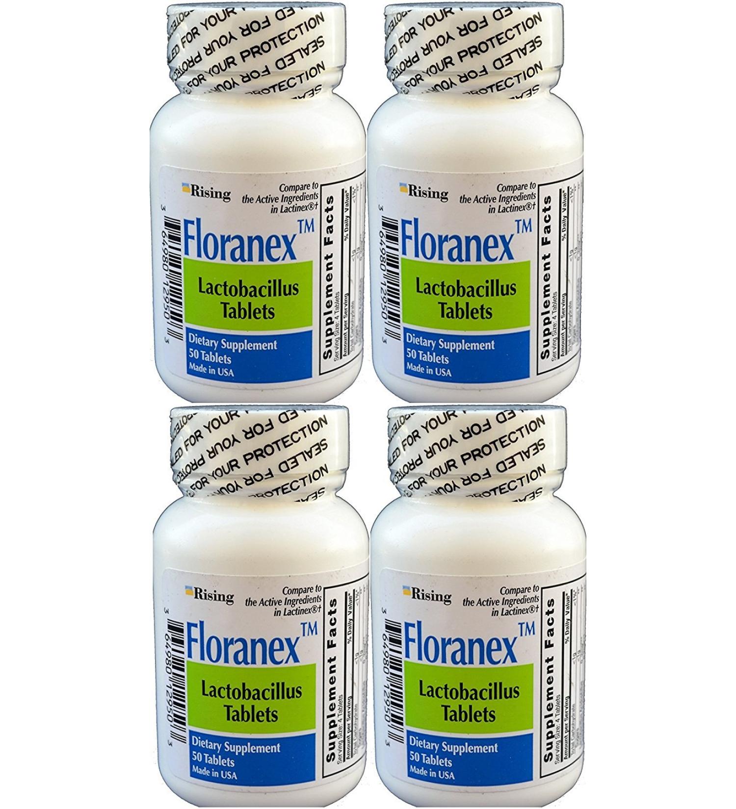 Floranex Probiotic 2 Million CFU Lactobacillus Acidophilus for Colon Digestive Health Generic for Lactinex Shelf Stable No Refrigeration 50 Tablets per Bottle 4-Pack