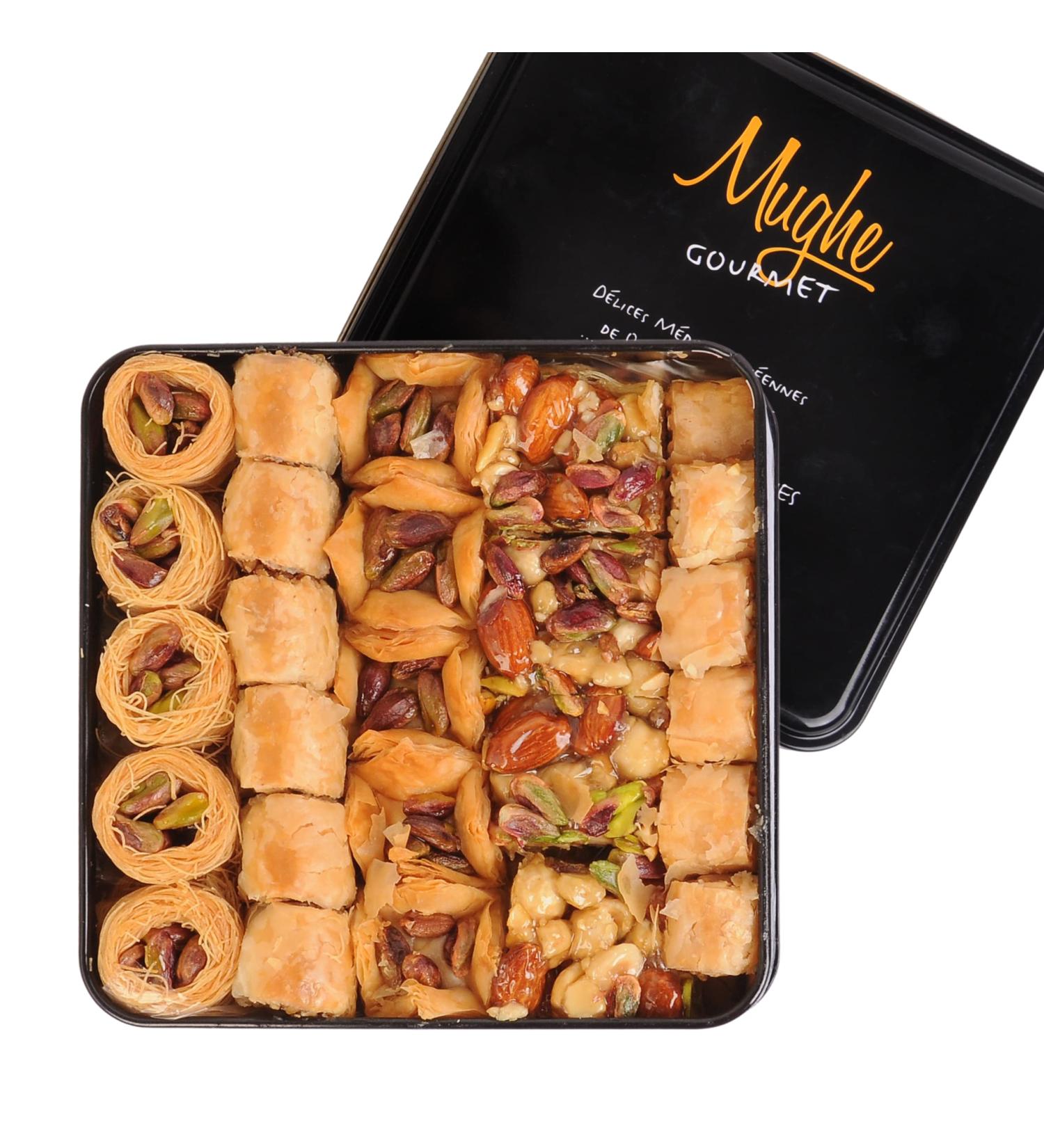 Deluxe Assorted Baklava Pastry Tin Gift Box - 52 pcs Double Layer Turkish Pistachios Bakery Fresh - 750g - Holiday Gifts for Christmas & Thanksgiving - MUGHE GOURMET - Buy Online on GoSupps.com