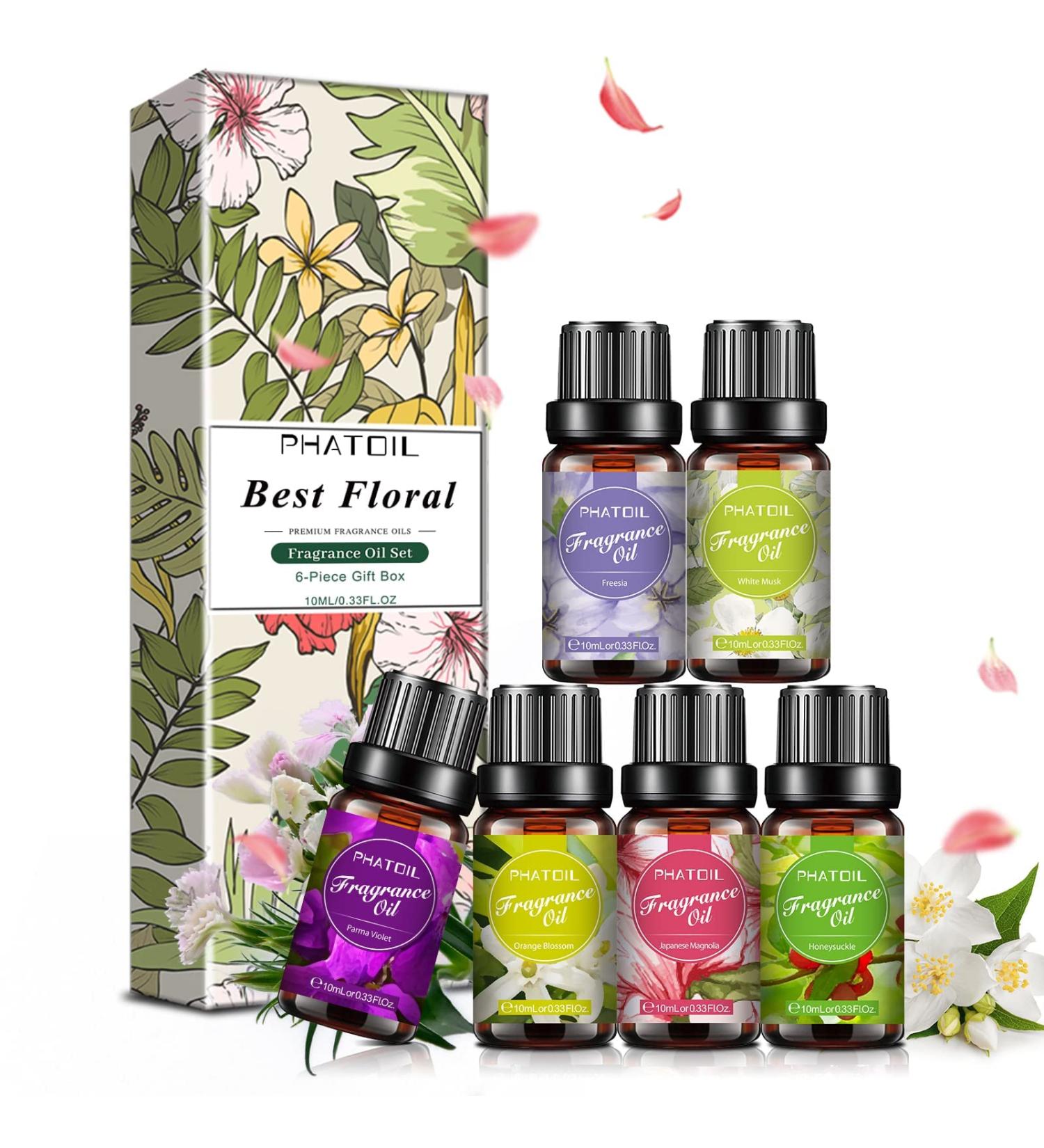 PHATOIL 6-Piece Floral Fragrance Oils Gift Set for Humidifier & Aromatherapy - White Musk, Parma Violet, Orange Blossom, Japanese Magnolia, Freesia, Honeysuckle - 6x10ml Essential Oils - Buy Online on GoSupps.com