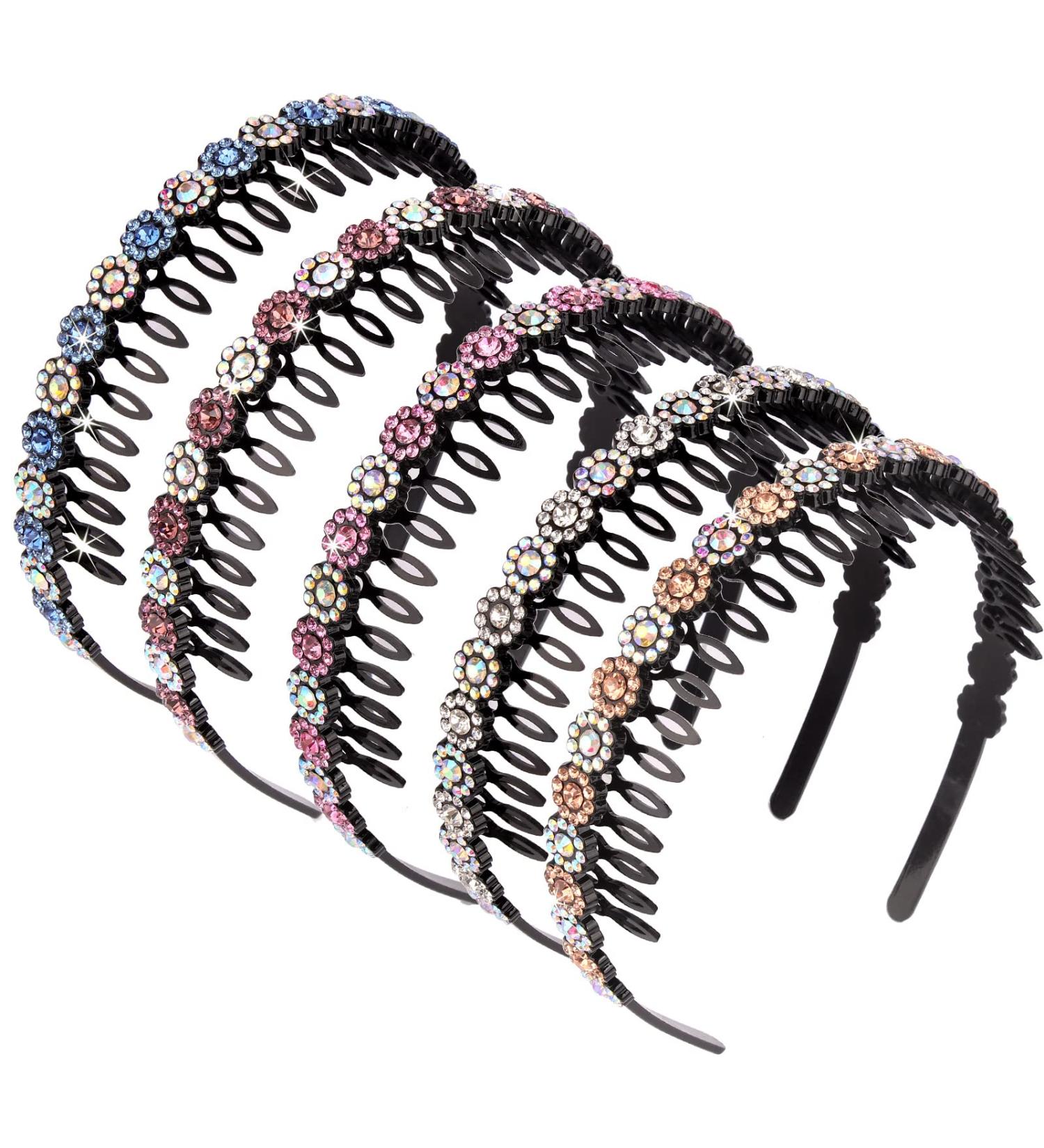 Wecoe 5pcs Non-Slip Fashion Headbands for Women & Girls - Crystal Rhinestone Hair Accessories in Pink, Purple, Silver, Blue - Fancy Comb Style with Teeth - Buy Online on GoSupps.com