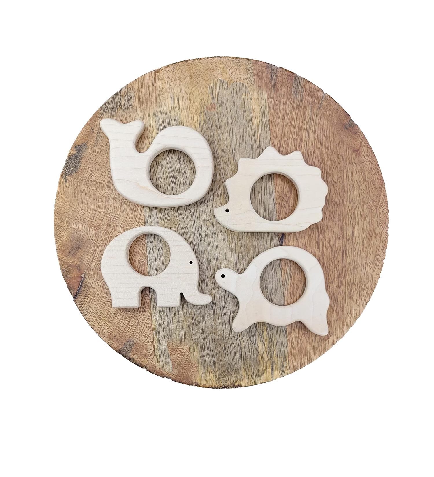 Organic Baby Wooden Teething Toys 4pk - Sea Animal Teether Set with Whale, Turtle, Elephant, Hedgehog - Natural and Untreated Pacifier Pendant - Buy Online on GoSupps.com