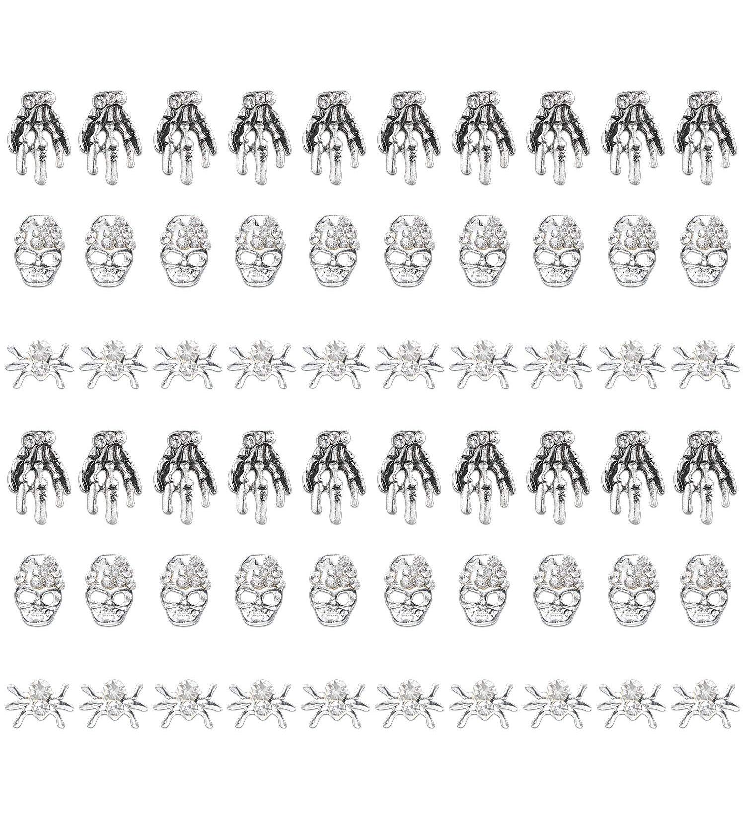 60-Piece Antique Silver Skull Nail Charms Set - 3D Spider & Skeleton Hand Design with Rhinestones for Nail Art & Cellphone Decoration - Buy Online on GoSupps.com