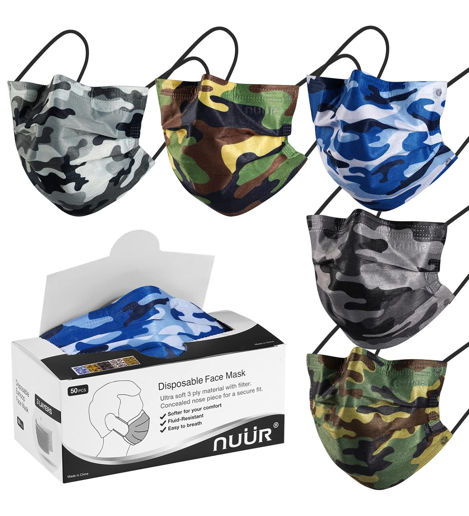 NU R Disposable Face Mask 3Ply Mask with Filter Layer and Elastic Earloop Retail 50pcs/box CAMO 50PCS - Buy Online on GoSupps.com