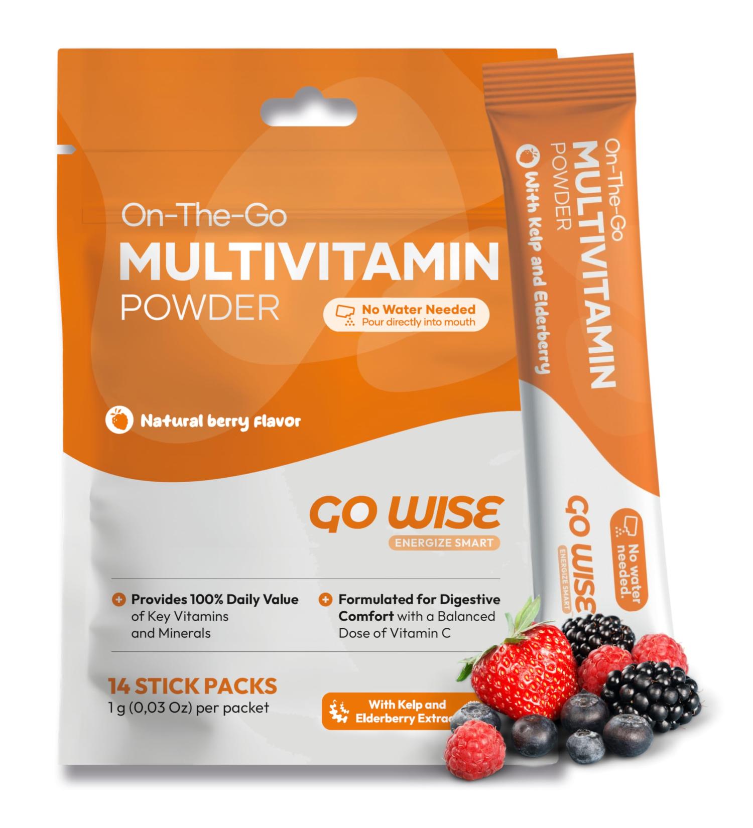 Go Wise On The Go Multivitamin Powder, 14 Vegan Daily Vitamin Packets for Men & Women, Natural Berry Flavor, Gluten-Free Energy & Immune Support Supplement, Convenient Travel Vitamin Stick Packs 14 Sticks - Buy Online on GoSupps.com
