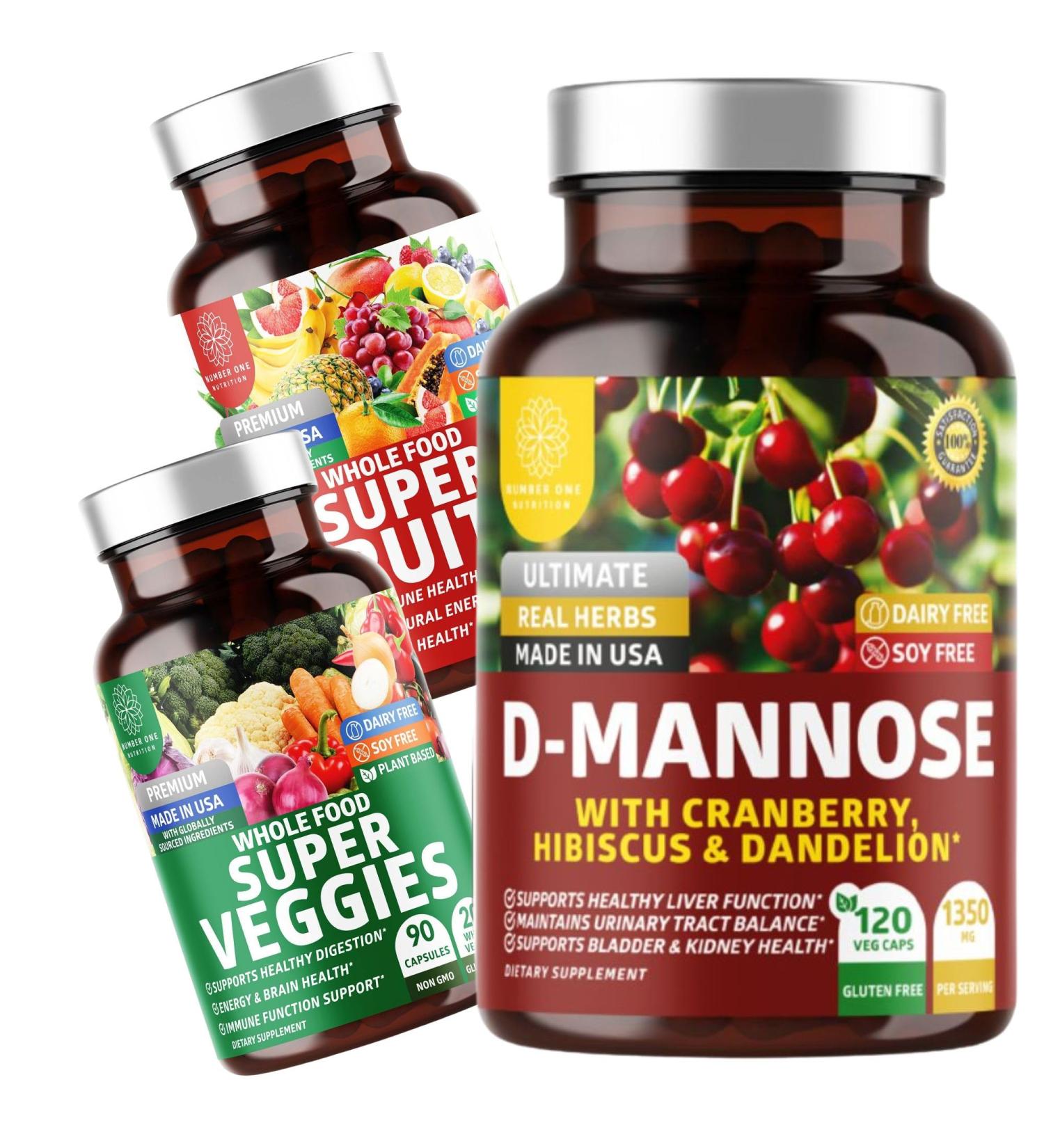 Number One Nutrition N1N Premium D-Mannose with Cranberry & Hibiscus 1350mg 120 Capsules and Super Fruits & Veggies Whole Food Supplement 180 Capsules 2 Pack Bundle - Buy Online on GoSupps.com