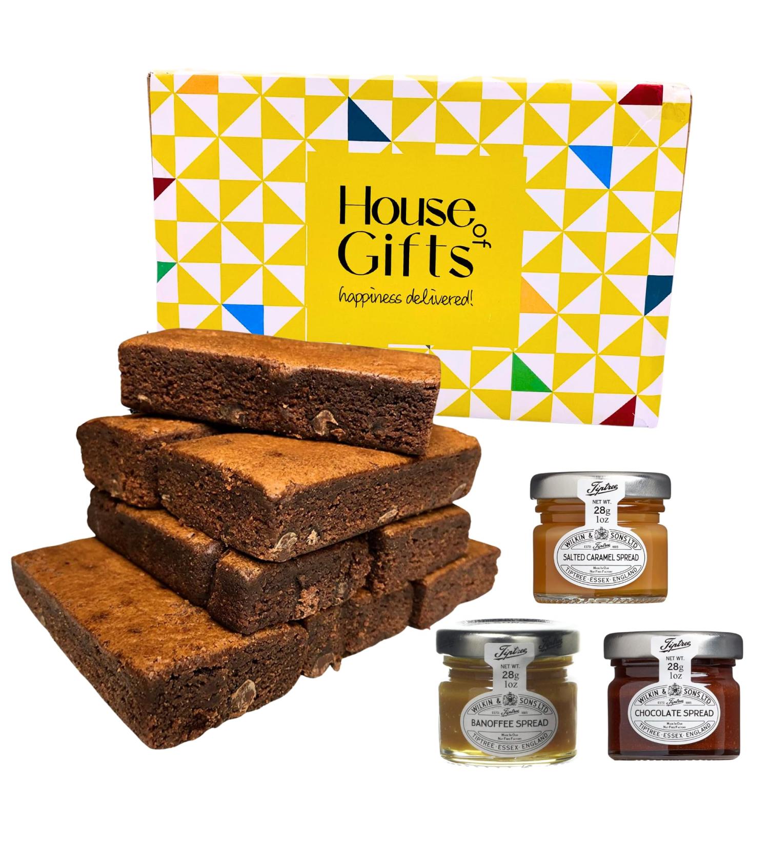 Chocolate Brownie Gift Box by Post | 8 Hand Baked Brownies with Unique Preserves Spreads Including Salted Caramel Chocolate & Banoffee - Buy Online on GoSupps.com