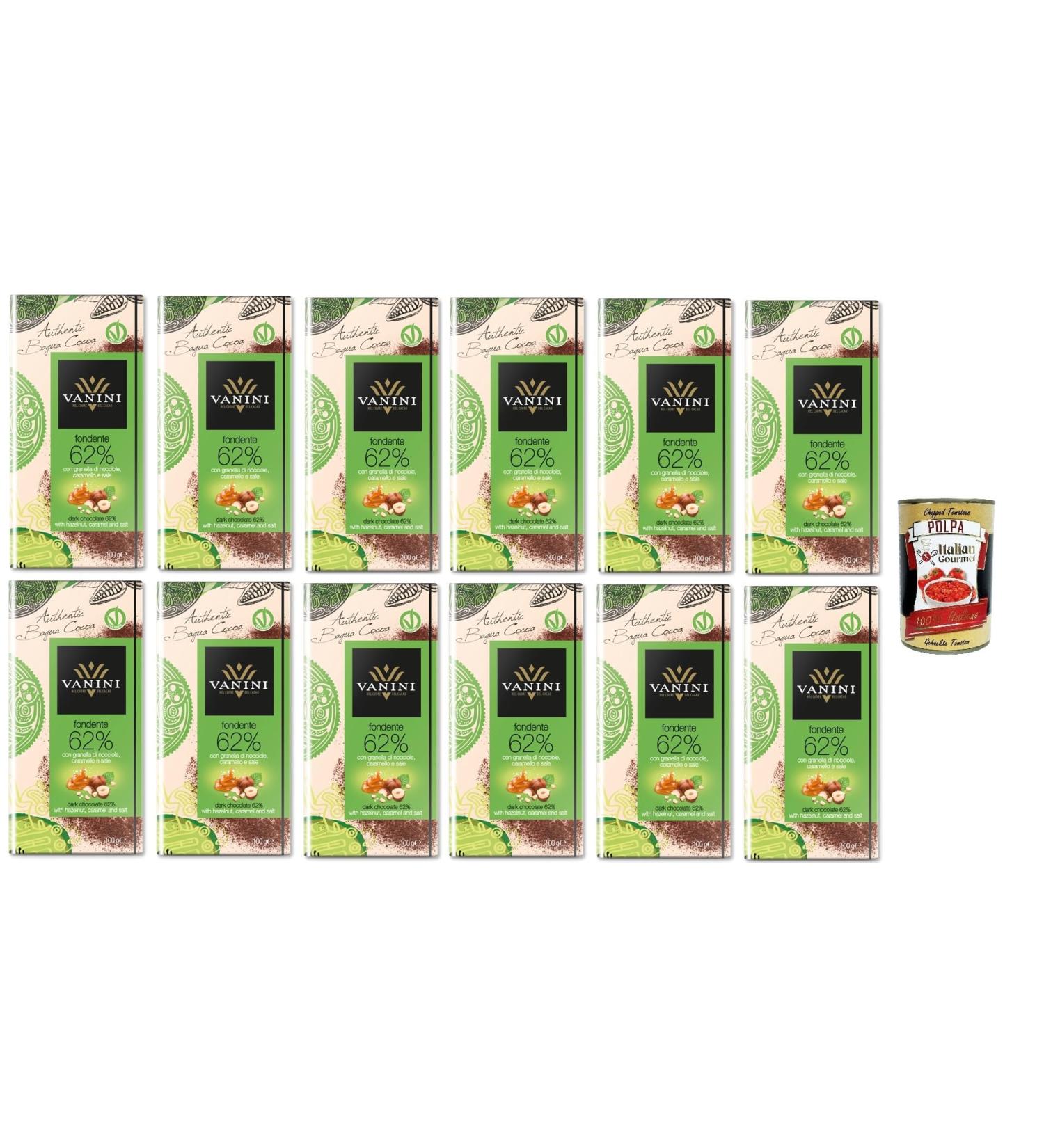  Italian Gourmet E.R. 12 x Vanini Nuova Bagua Dark Chocolate 62% with chopped hazelnuts caramel and salt 100g + Italian gourmet polpa 400g - Buy Online on GoSupps.com
