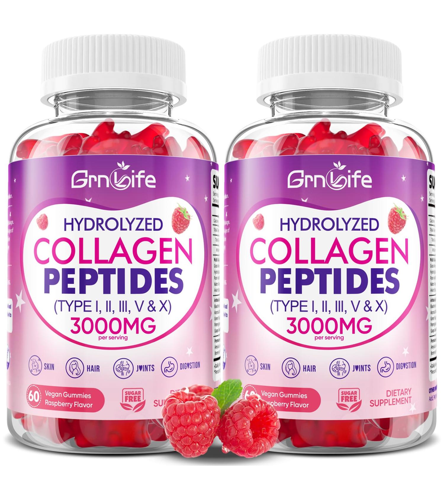 2 Pack Collagen Gummies for Women & Men Sugar-Free Hydrolyzed Collagen Peptides with Antioxidant Blend & Digestive Enzymes Multi Collagen(Type I II III V X) for Skin Hair Nails Raspberry 120 Count - Buy Online on GoSupps.com