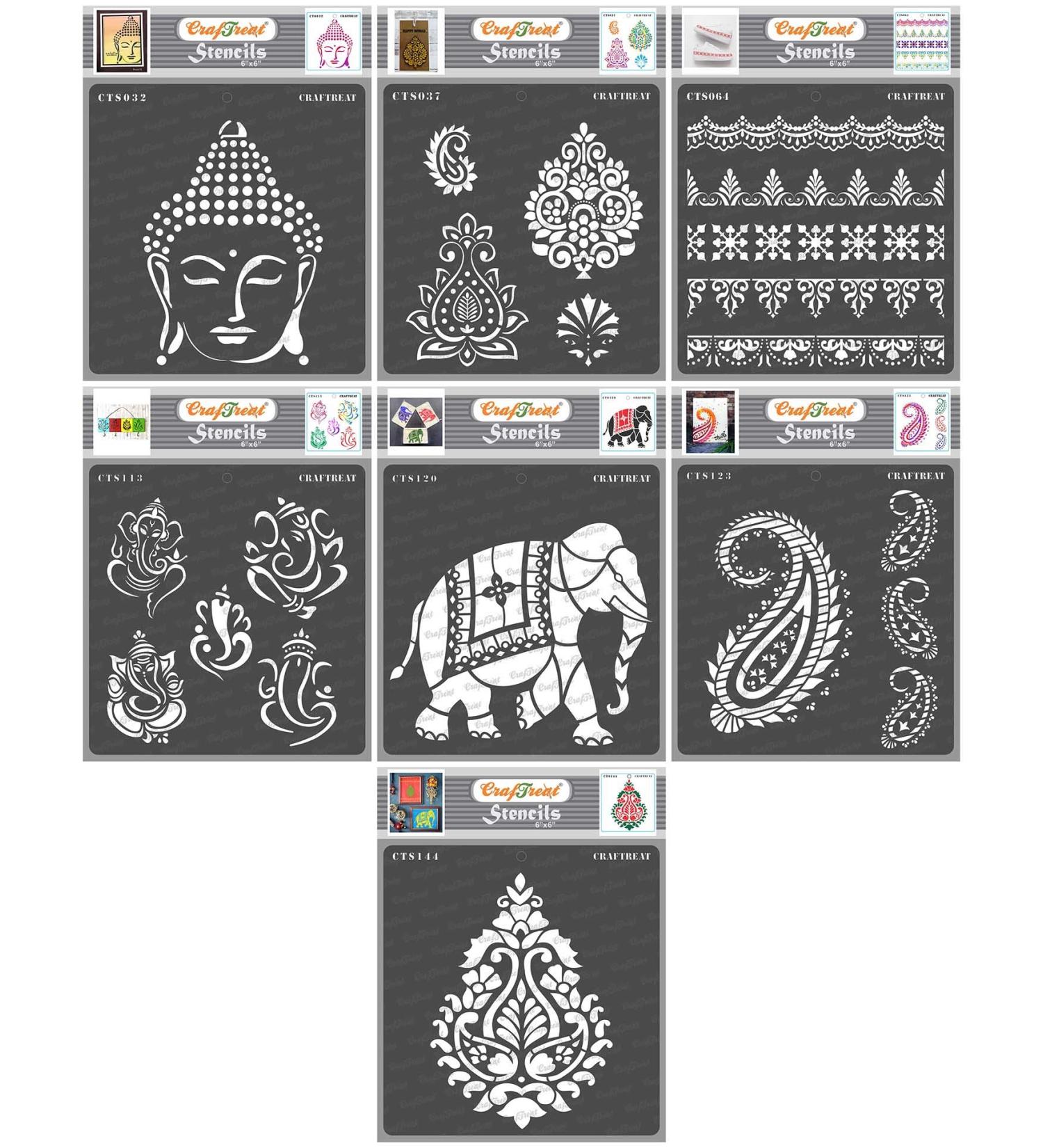 CrafTreat Indian Stencils Bundle - 7 Reusable 6x6 Inch Stencils for Wood, Walls, Tiles, Canvas, Paper, and Floors - DIY Indian Theme Decor Stencils - Buy Online on GoSupps.com