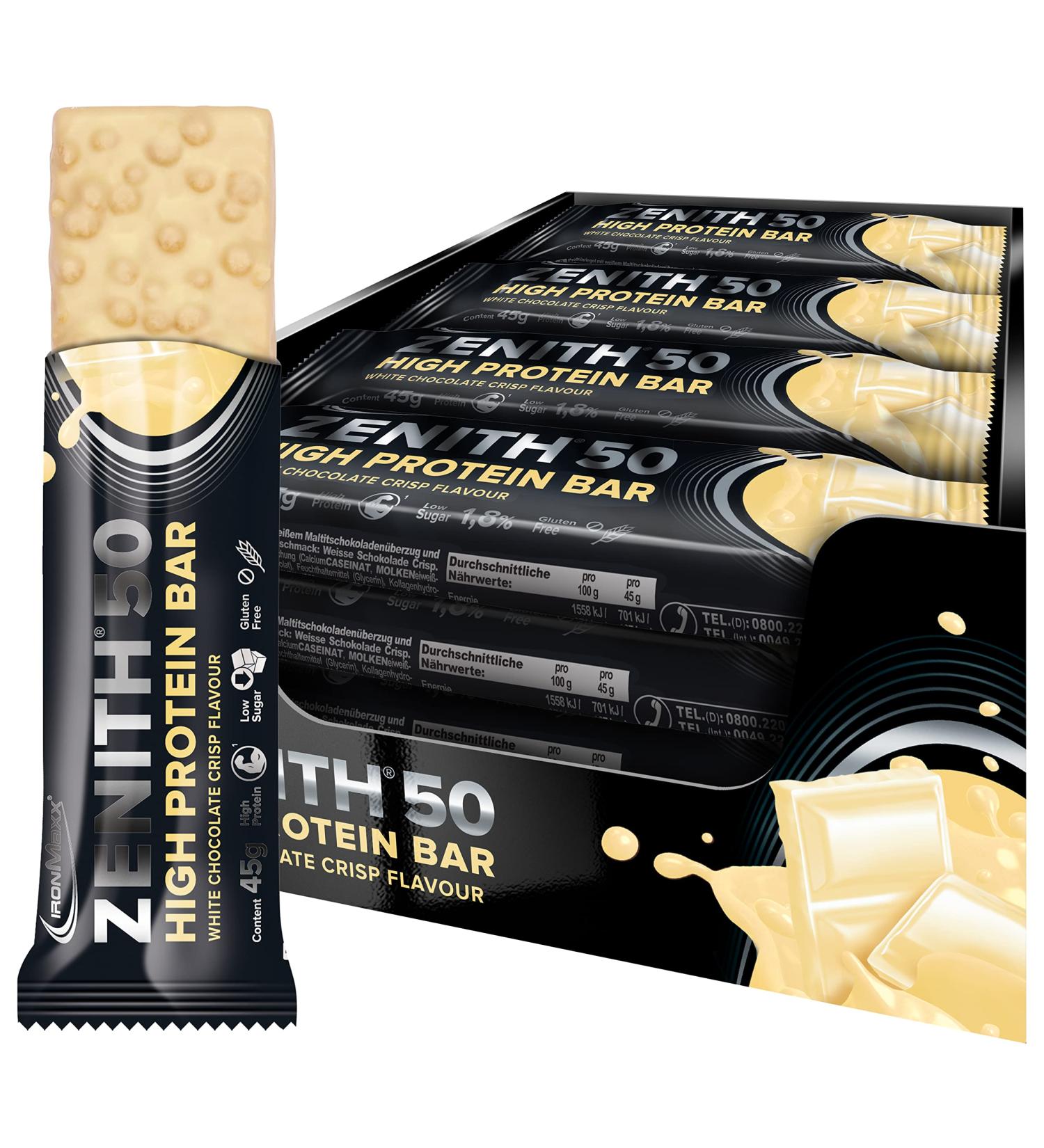 IronMaxx Zenith 50 - Protein Bar - High Protein - Sugar Free - White Chocolate Crisp Flavor - 16 x 45 g - Buy Online on GoSupps.com