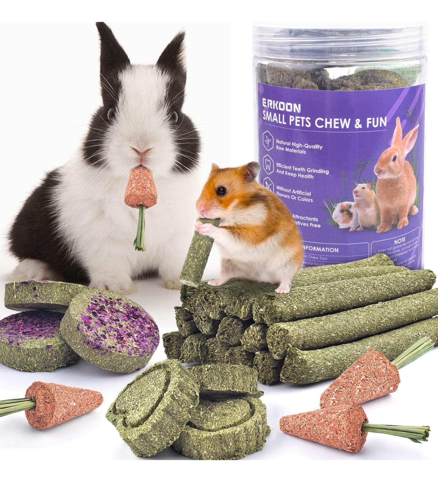 Erkoon 24-Piece Rabbit & Small Pet Toys Set | Dental Care Timothy Hay Sticks Carrots & Rose Grass Cake - Ideal for Rabbits Guinea Pigs Hamsters & Chinchillas - Buy Online on GoSupps.com