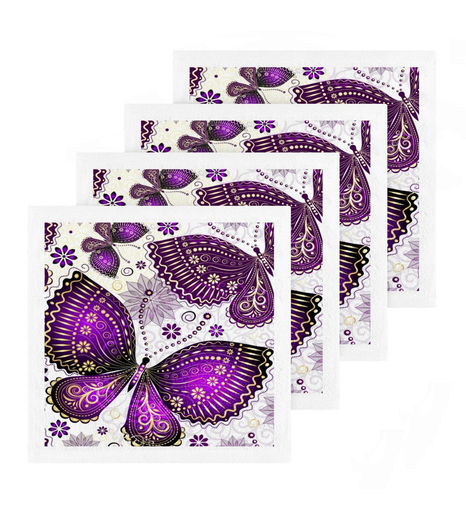 Kigai 4 Pack Purple Butterfly Washcloths - Soft & Absorbent Face Towels for Gym, Hotel & Spa - Reusable Cotton Fingertip Towels - Buy Online on GoSupps.com