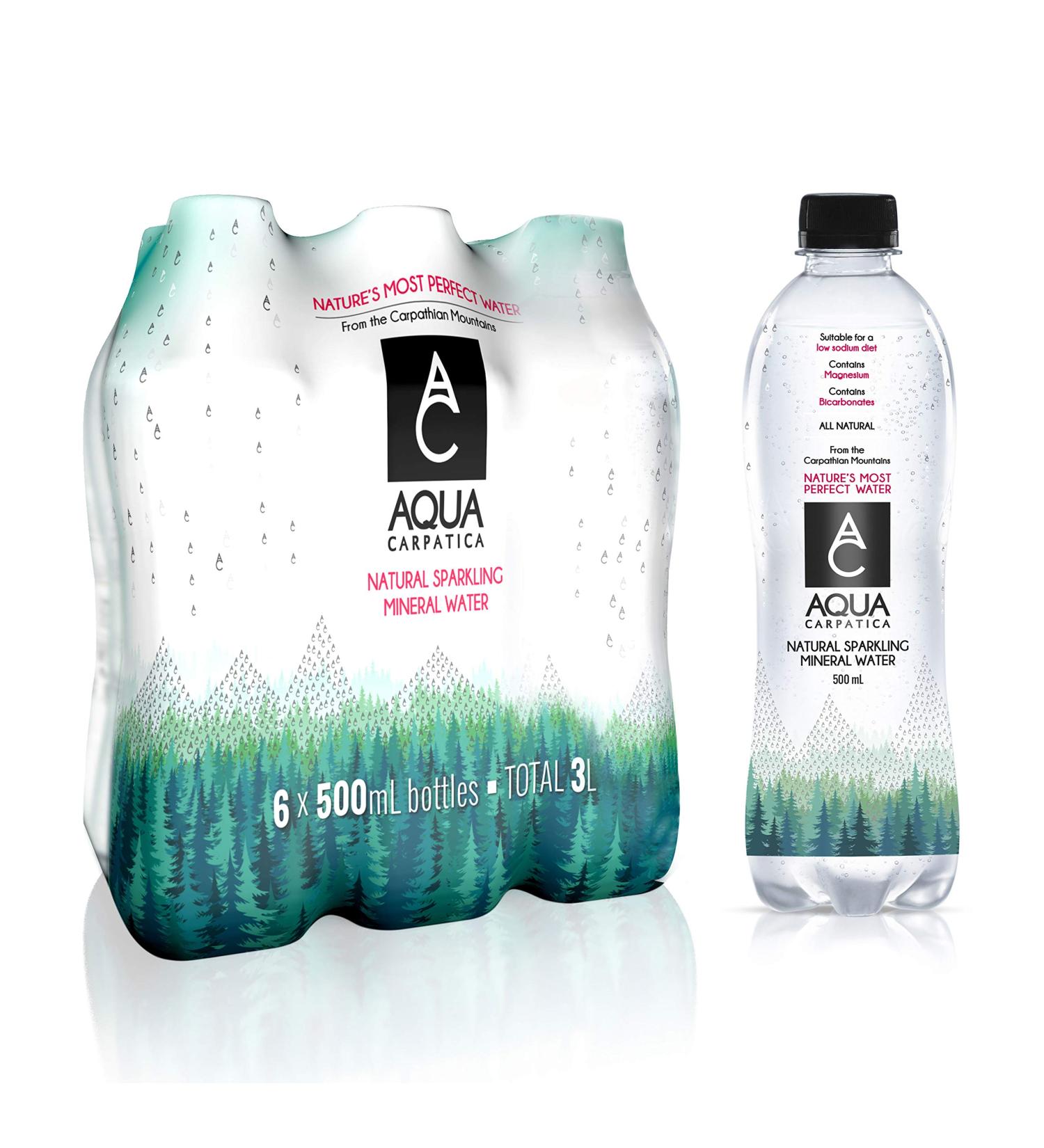 AQUA Carpatica 500ml x 6 - Pure Natural Sparkling Mineral Water | Nitrate-Free | Rich in Calcium & Magnesium | Alkaline pH | Enriched with Electrolytes | 6 Pack - Buy Online on GoSupps.com