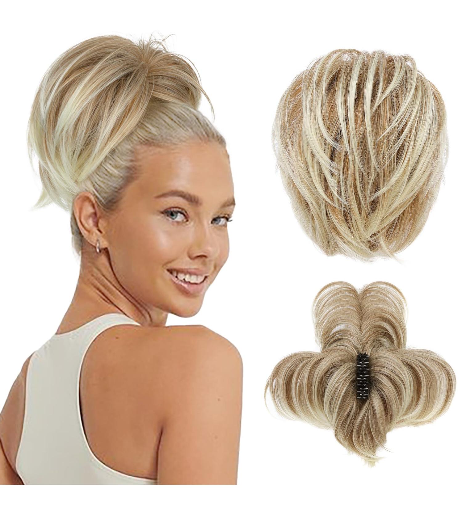 REECHO Hair Bun Claw Clip Messy Bun Hair Piece Short Ponytail Extension with Bendable Metal Wire Fake Bun Hair Pieces for Women - Dark Blonde with Golden Blonde Tail - Buy Online on GoSupps.com