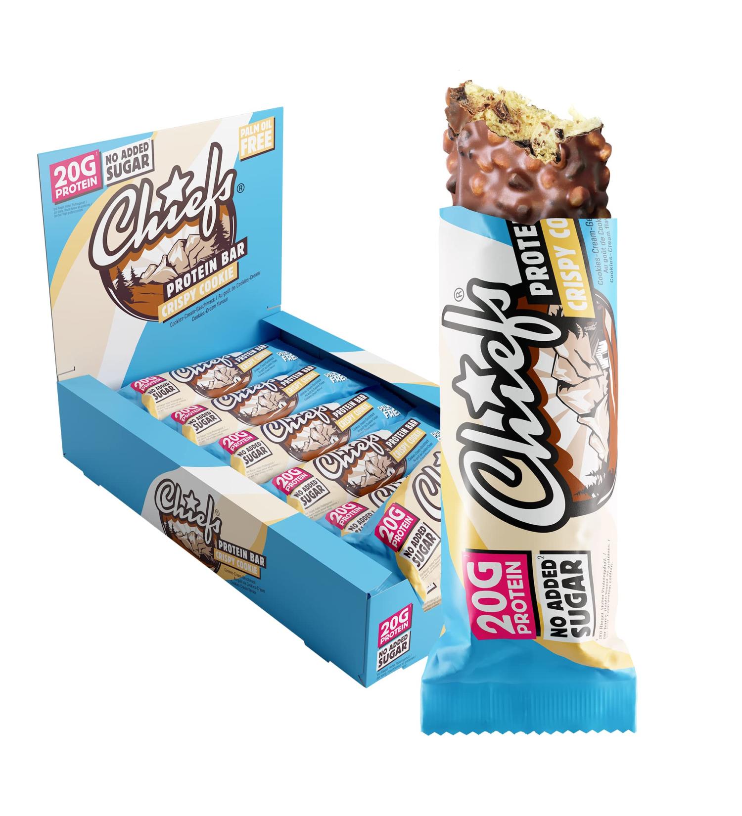 Chiefs Protein Bar with 20g Protein and (210kcal) Low Sugar High Protein Bar 12 x 55g (Crispy Cookie) - Buy Online on GoSupps.com