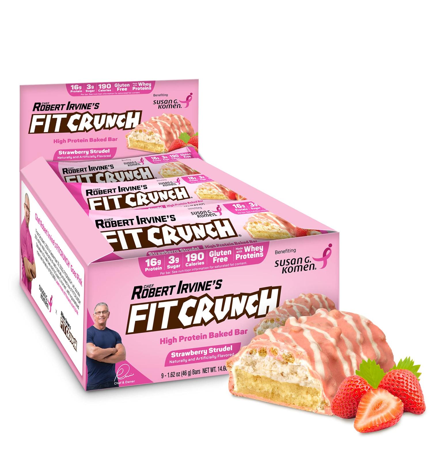 FITCRUNCH Snack Size Protein Bars - Susan G. Komen Benefit - High Protein, Low Sugar, Soft Bake - Strawberry Strudel (9 Bars) - Buy Online on GoSupps.com