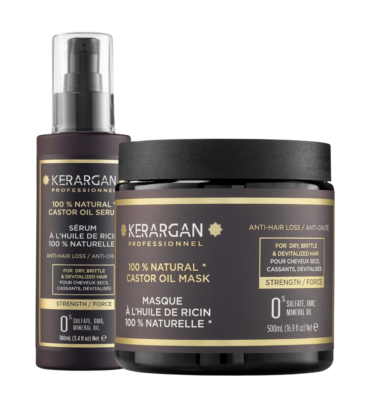 Kerargan - Anti-Hair Loss Duo Mask and Serum with Castor Oil for Dry Brittle and Devitalized Hair - Strengthens and Promotes Growth - Sulfate Mineral Oil and GMO Free - 500ml + 100ml - Buy Online on GoSupps.com