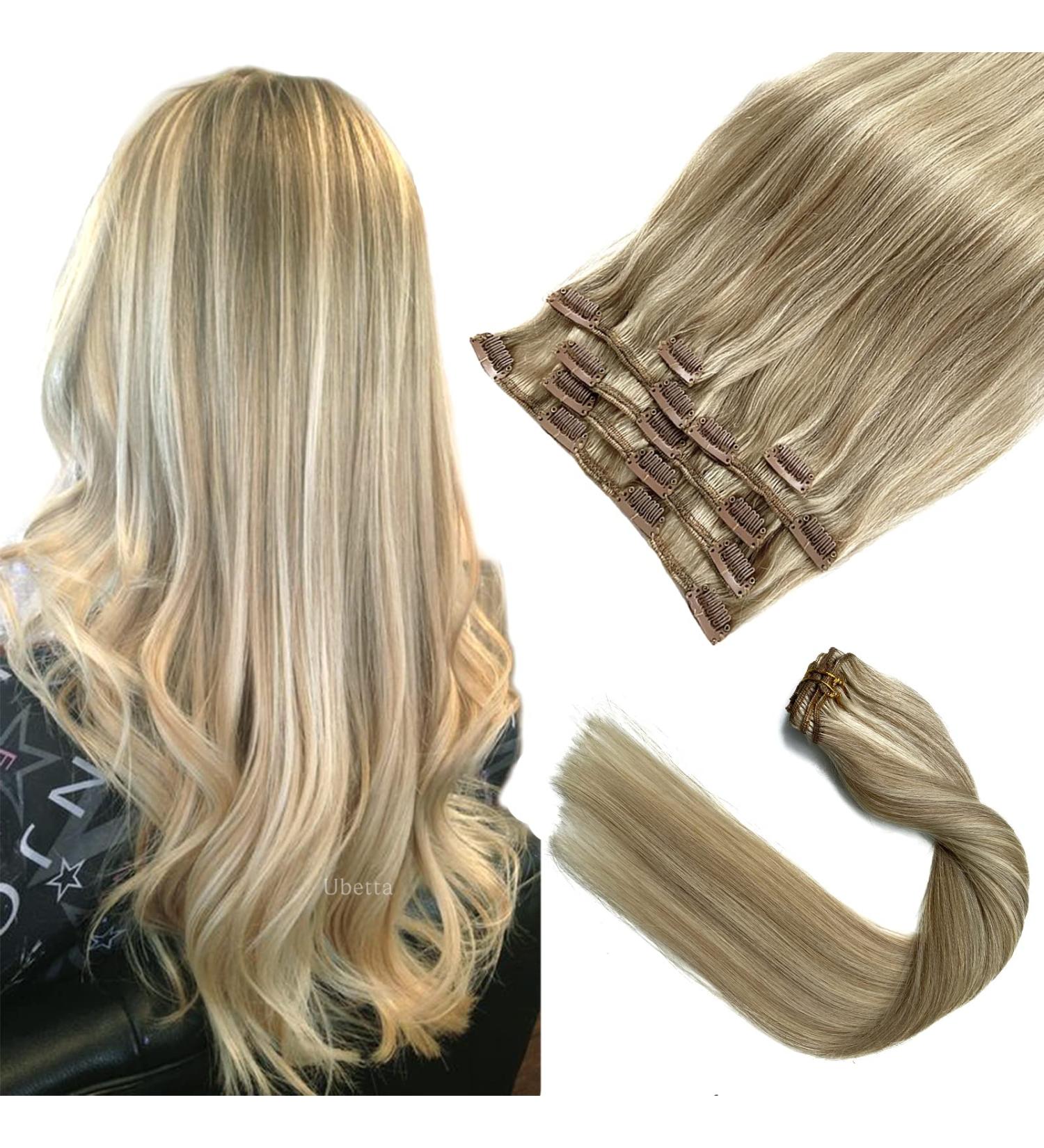 22 Inch Real Human Hair Clip in Extensions - Ash Blonde to Blonde Highlights - Remy Hair - 7 Pieces - 70G - Women's Hair Clip ins - Buy Online on GoSupps.com