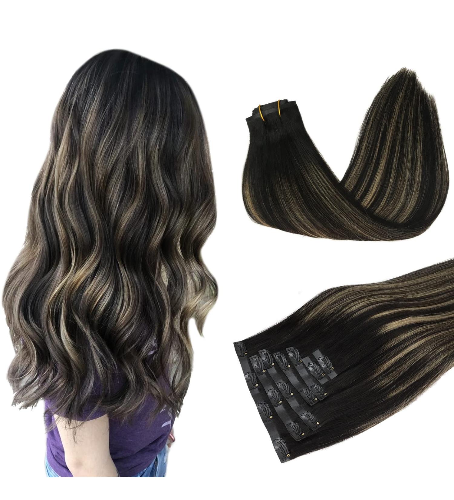 Doores Real Hair Extensions - Seamless Balayage Natural Black to Hellblond | 50cm 20 Inch 7 Pieces 110g Remy Human Hair PU Clip In Extensions - Buy Online on GoSupps.com