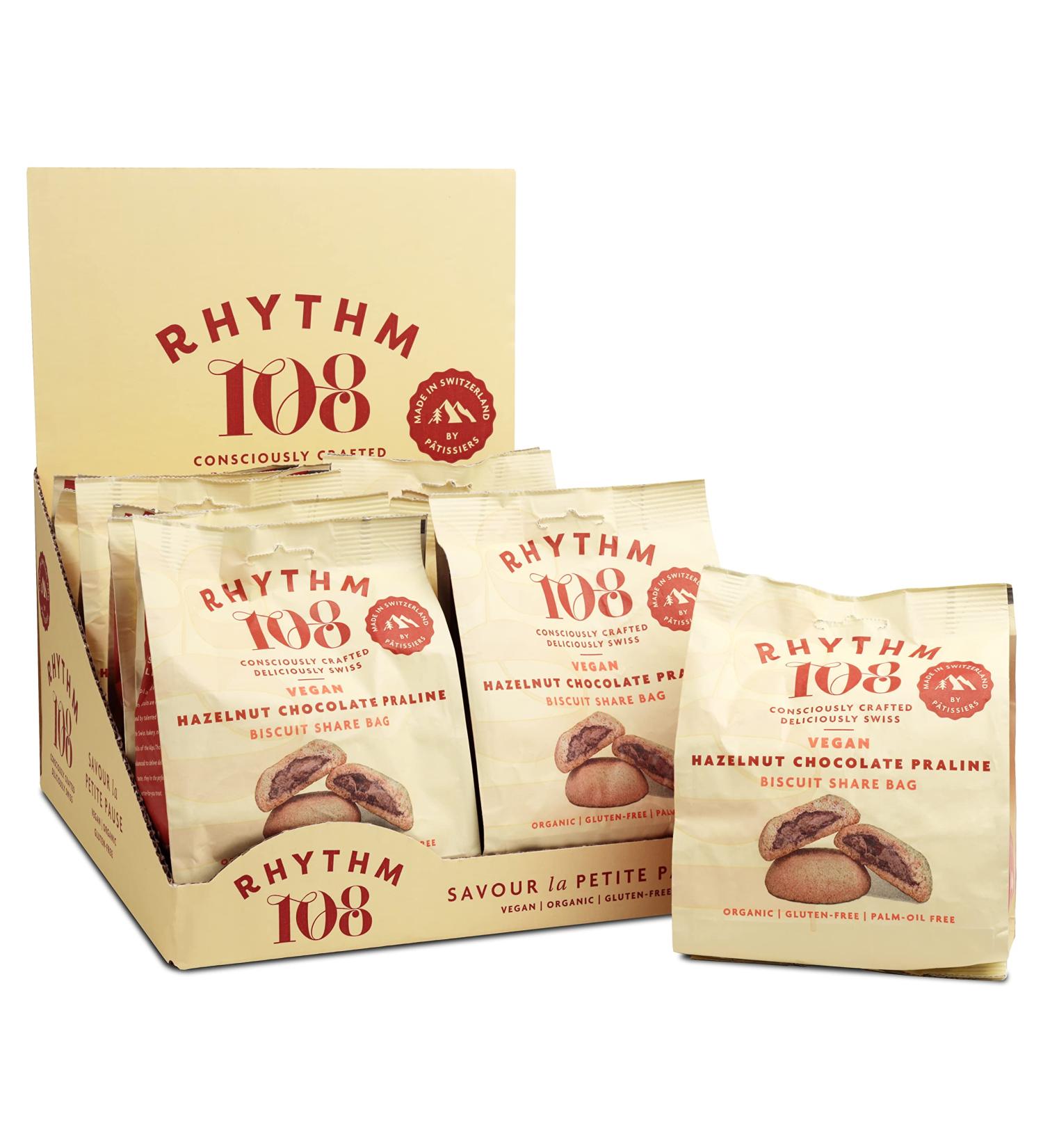 RHYTHM 108 Swiss Hazelnut Chocolate Praline Biscuit Share Bag 135g x 8 - Vegan & Delicious! - Buy Online on GoSupps.com
