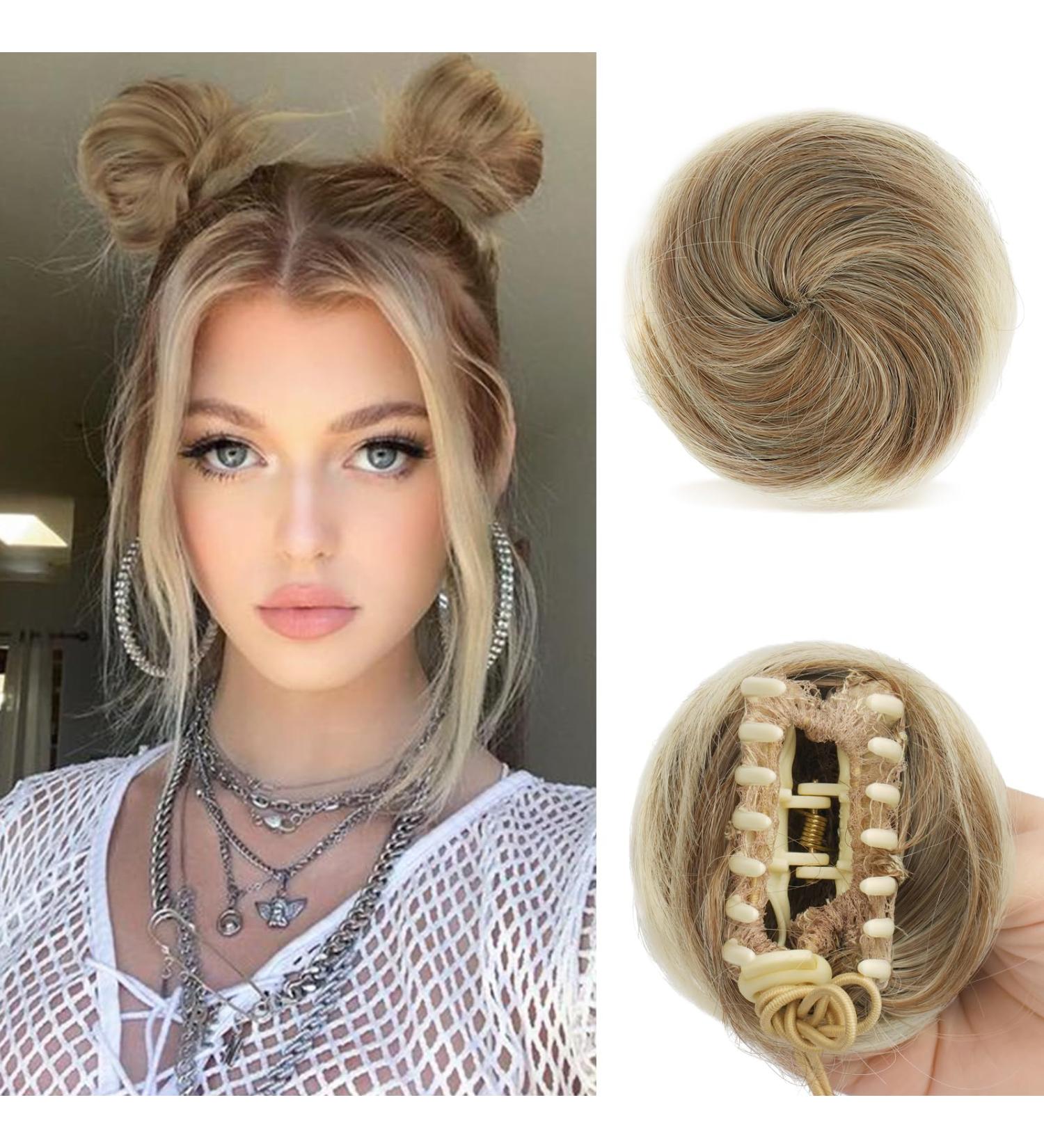Sofeiyan 2PCS Mini Claw Clip Cat Ears Messy Hair Bun Extension - Dark Blonde & Bleach Blonde Mix - Buy Online on GoSupps.com