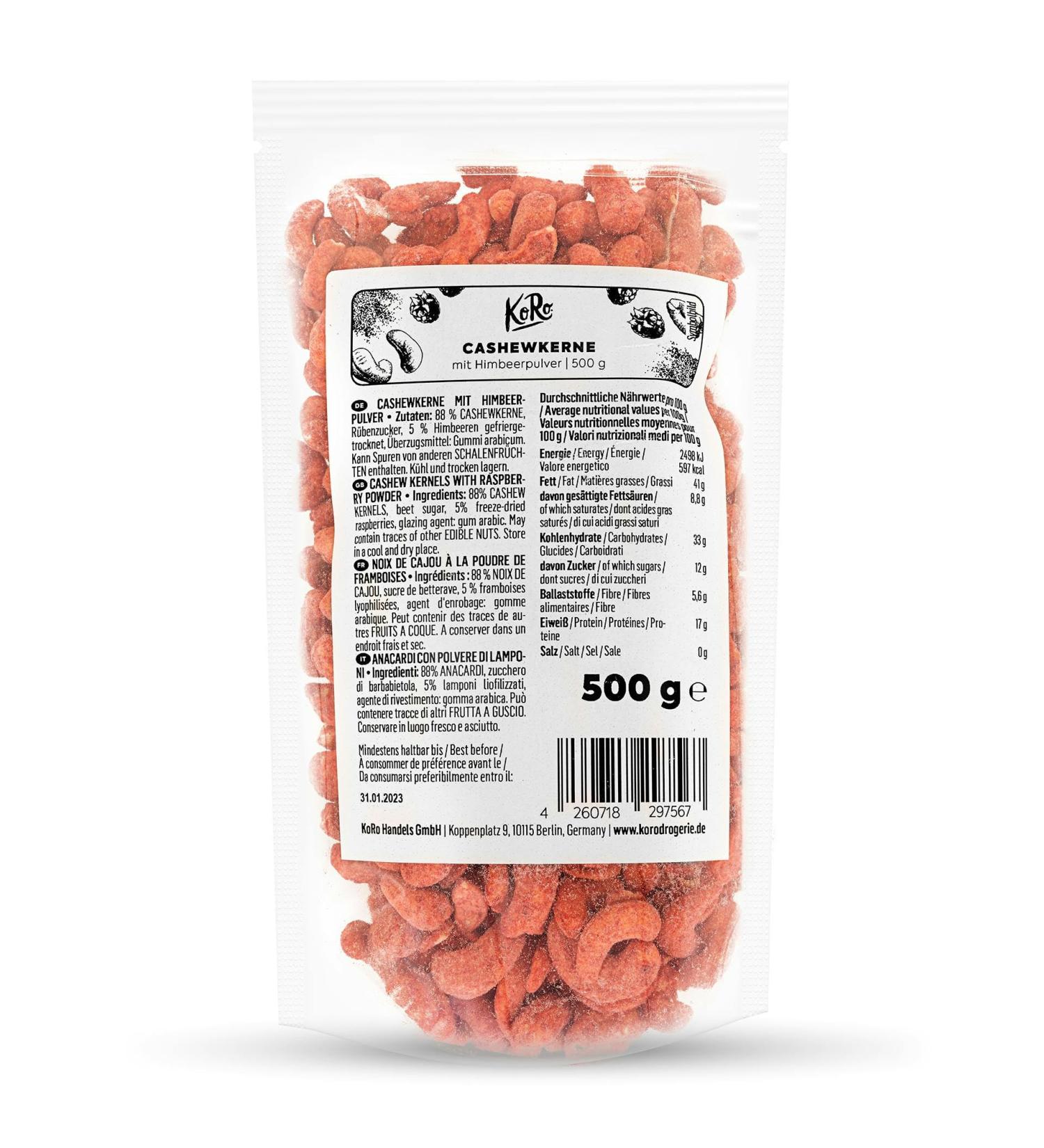 KoRo - Cashew nuts with raspberry powder 500 g - Buy Online on GoSupps.com