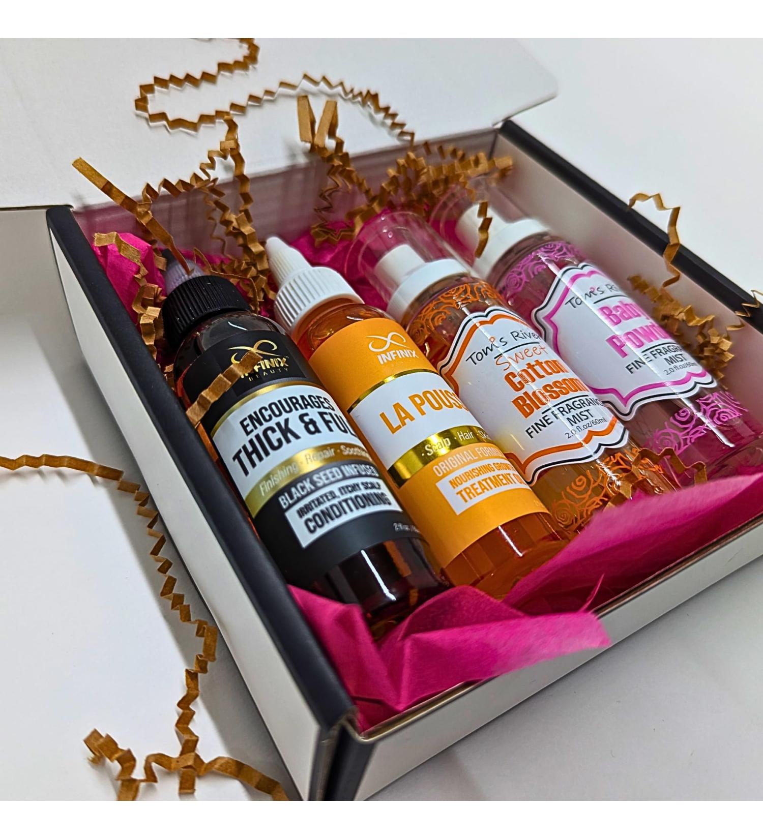 Infinix 4 bottle Gift Set - 2pcs Fine fragrance body mist set & 2Pcs Hair Oil For Thicker & Fuller Hair Gift Boxed for women - Gift For Her - Baby Powder Scent - Black Seed Oil - Buy Online on GoSupps.com