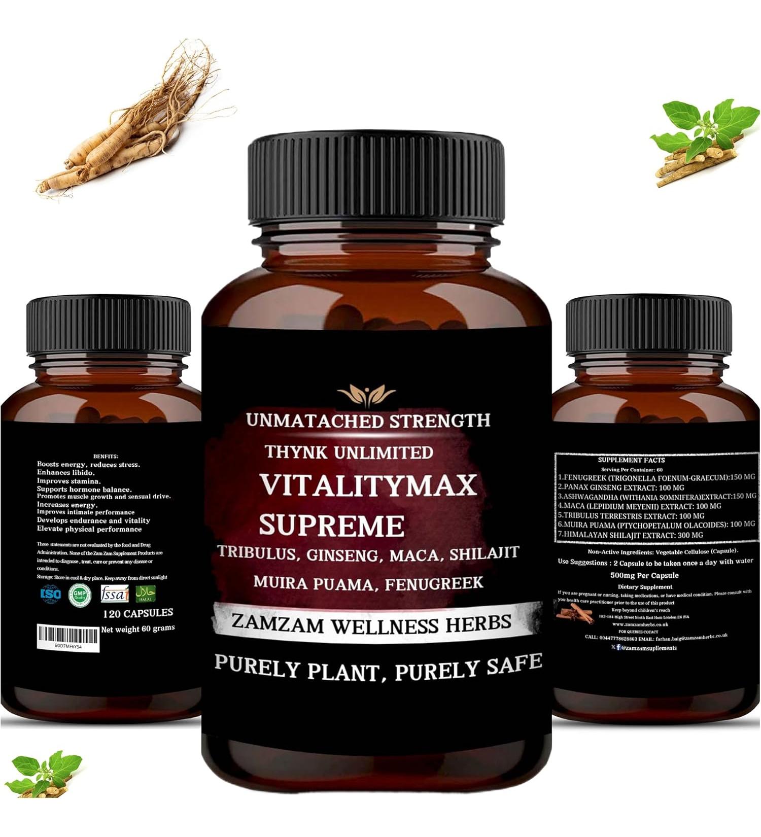 Vitality Max Supreme - Premium Vitality Health Supplement with Fenugreek, Panax Ginseng, Ashwagandha, Maca, Tribulus Terrestris, Himalayan Shilajit - 120 Vegan Supplements Capsules - Buy Online on GoSupps.com