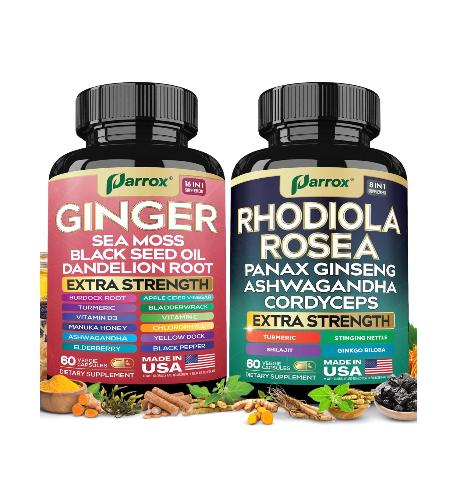 Dynamic Duo Herbal Bundle Ginger Rhodiola Rosea Sea Moss Ashwagandha Black Seed Oil Panax Ginseng Turmeric Dandelion Cordyceps Ginkgo Biloba ACV Elderberry Manuka Honey 60 Count (Pack of 2) - Buy Online on GoSupps.com