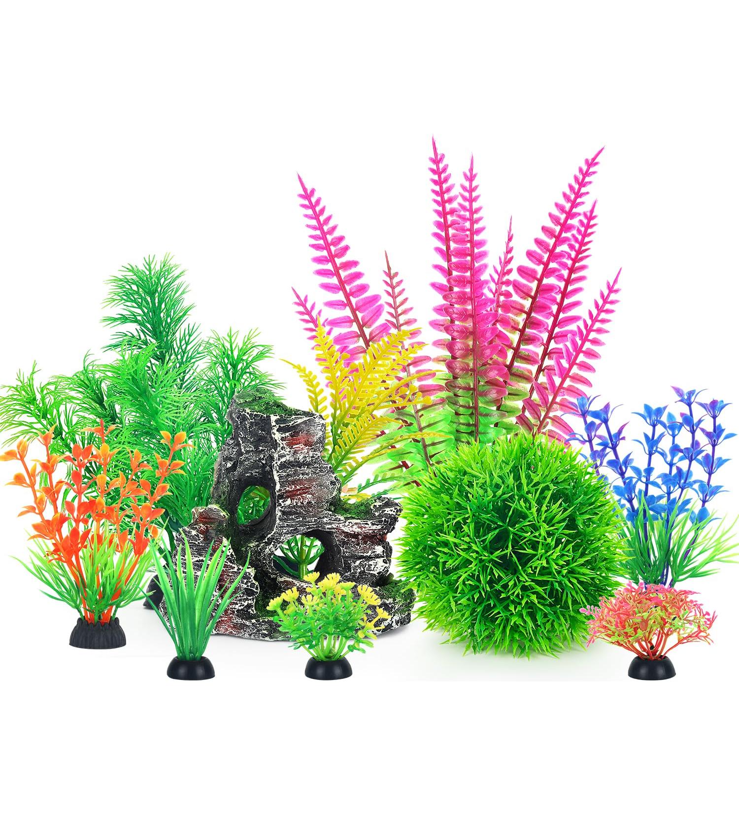 Borlech Aquarium Rock Decorations Set - 9 Pieces Plastic Plants & Green Rock | Enhance Your Fish Tank Decor - Buy Online on GoSupps.com