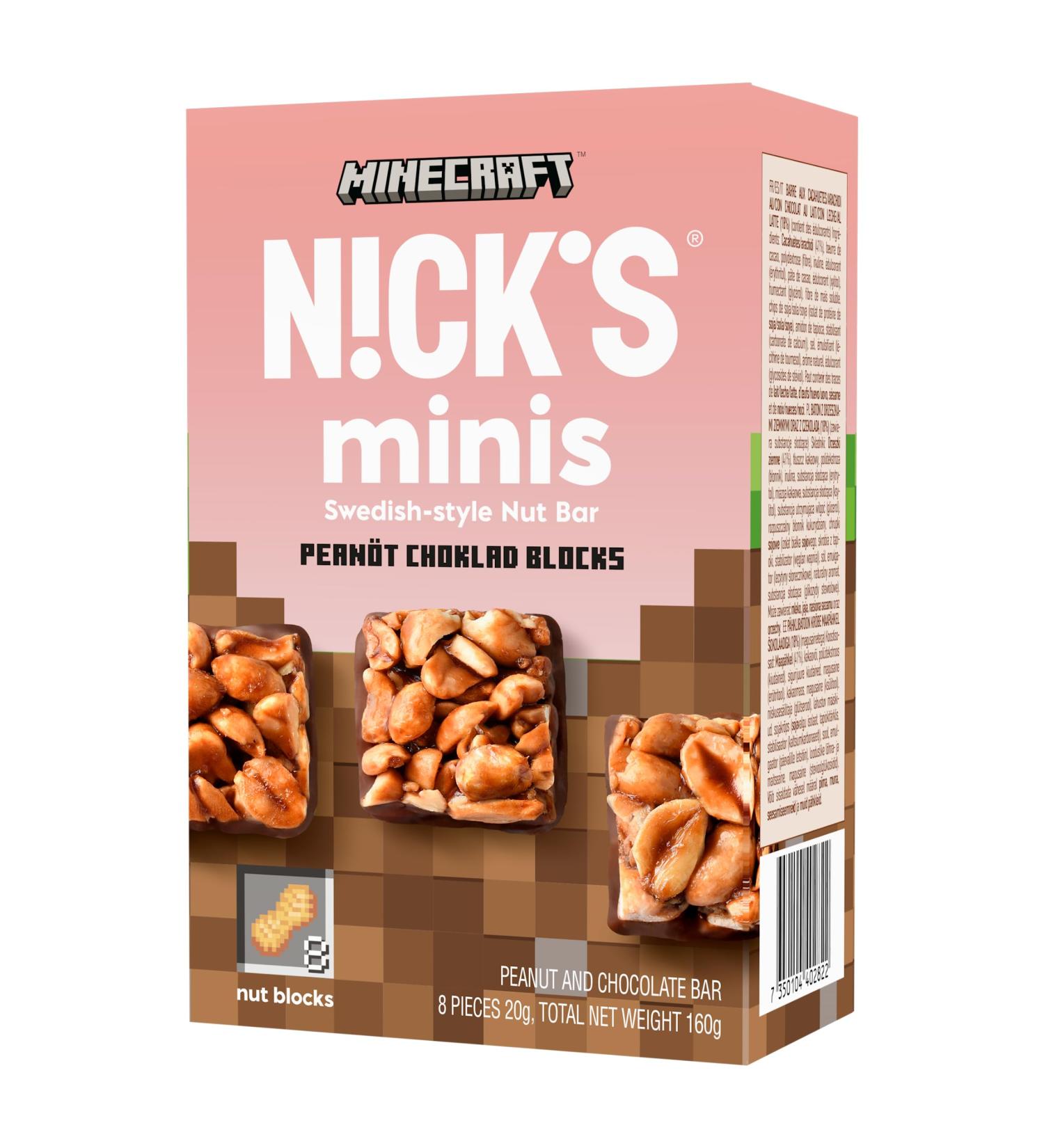 Nicks Minecraft Minis Peanut Chocolate Blocks - Gluten-Free & Vegan Nut Snack Bars 160g (8x20g) - Buy Online on GoSupps.com