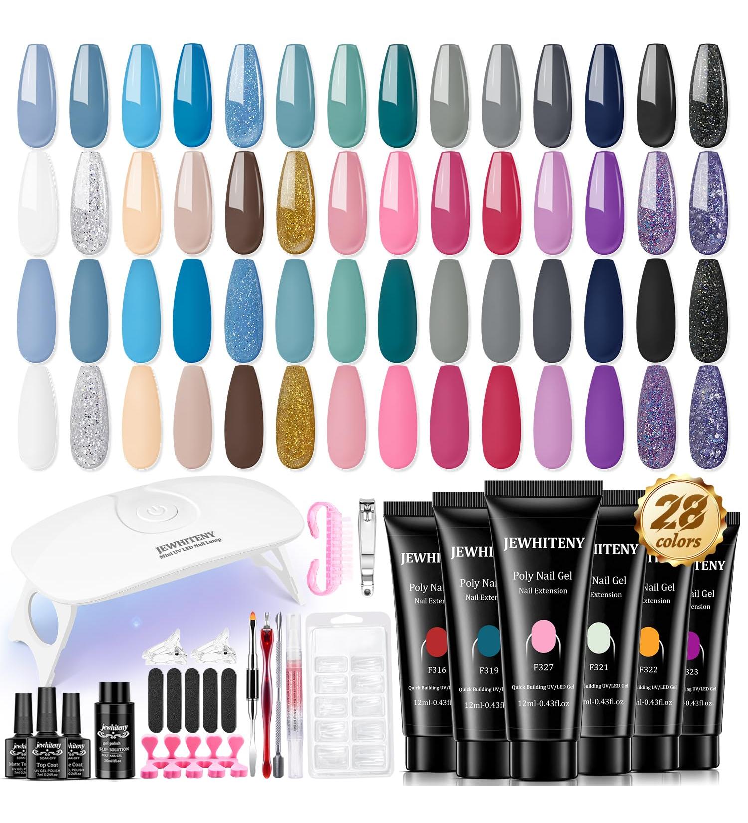 JEWHITENY 28 Colors Poly Extension Gel Nail Kit | All-in-One Gel Nail Enhancer with Lamp Base & Top Coats | Professional Nail Art Tools for Salon Quality Manicures - Buy Online on GoSupps.com