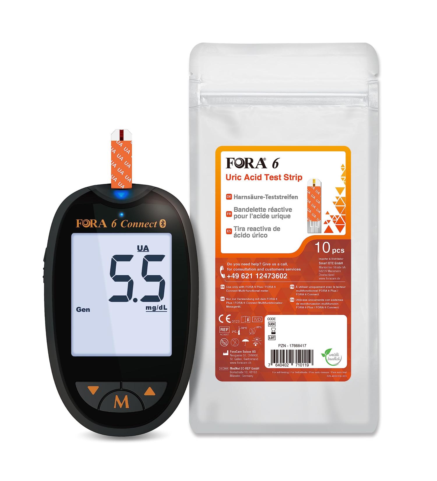 FORA Uric Acid Meter Bundle - 10 Test Strips & Lancing Devices for Accurate Monitoring | International Shipping Available - Buy Online on GoSupps.com