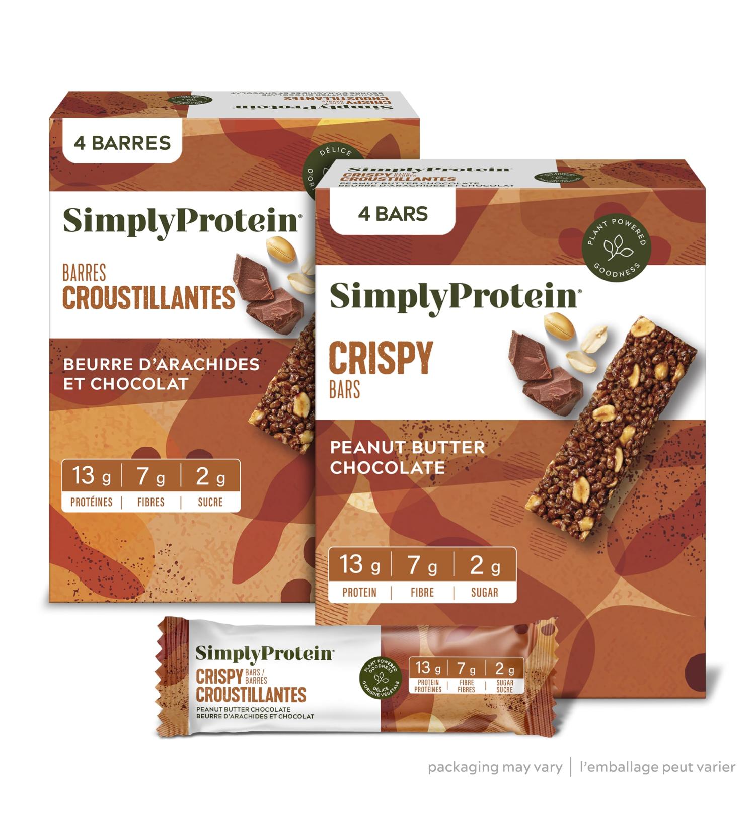 Simply Protein - Peanut Butter Chocolate Crispy Bars - Plant Based Protein Bars - Low Carb Low Sugar High Fibre - 13g Protein 2g Sugar 7g Fibre - Vegan Gluten Free Non GMO Kosher - 4 Bars Peanut Butter Chocolate 4 Count (Pack of 1) - Buy Online on GoSupps.com