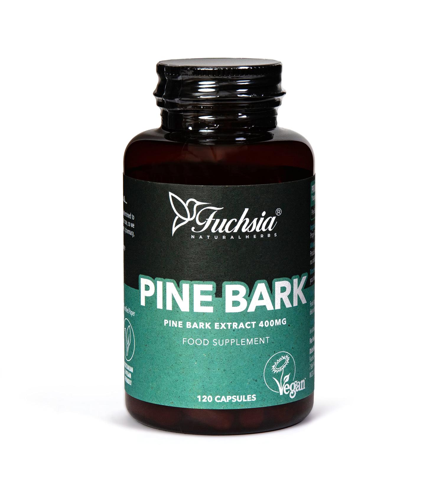 Fuchsia Natural Herbs Pine Bark Extract 400mg Capsules - 15:1 Extract Ratio - Vegan Society Approved - Gluten, Dairy, Soy & Sugar Free - Buy Online on GoSupps.com