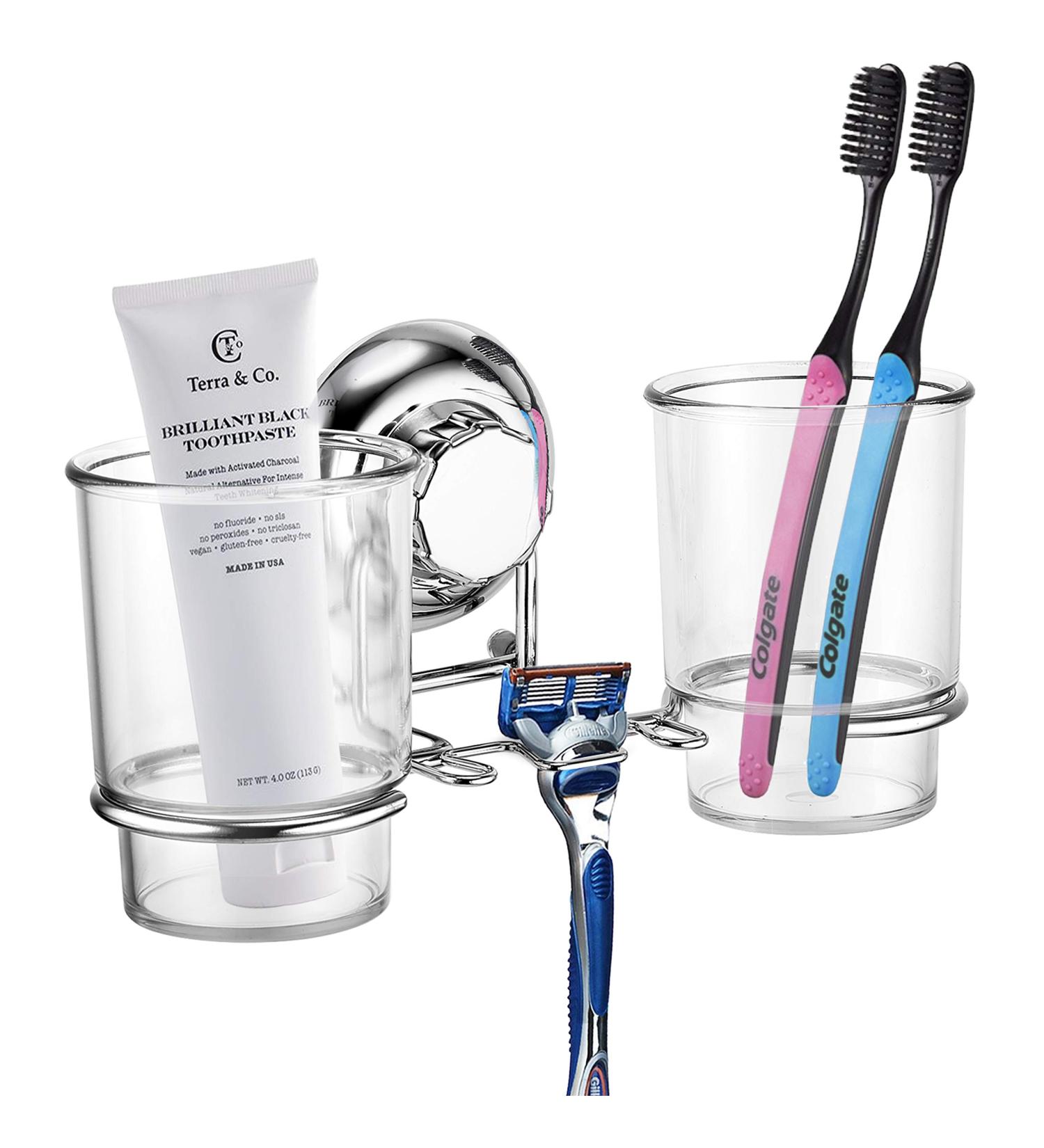 Maxhold Suction Screw Toothbrush Cup Holder | 2 Tooth Plaster Cups | Rust-Free Stainless Steel | No Drill Kitchen & Bathroom Storage - Buy Online on GoSupps.com