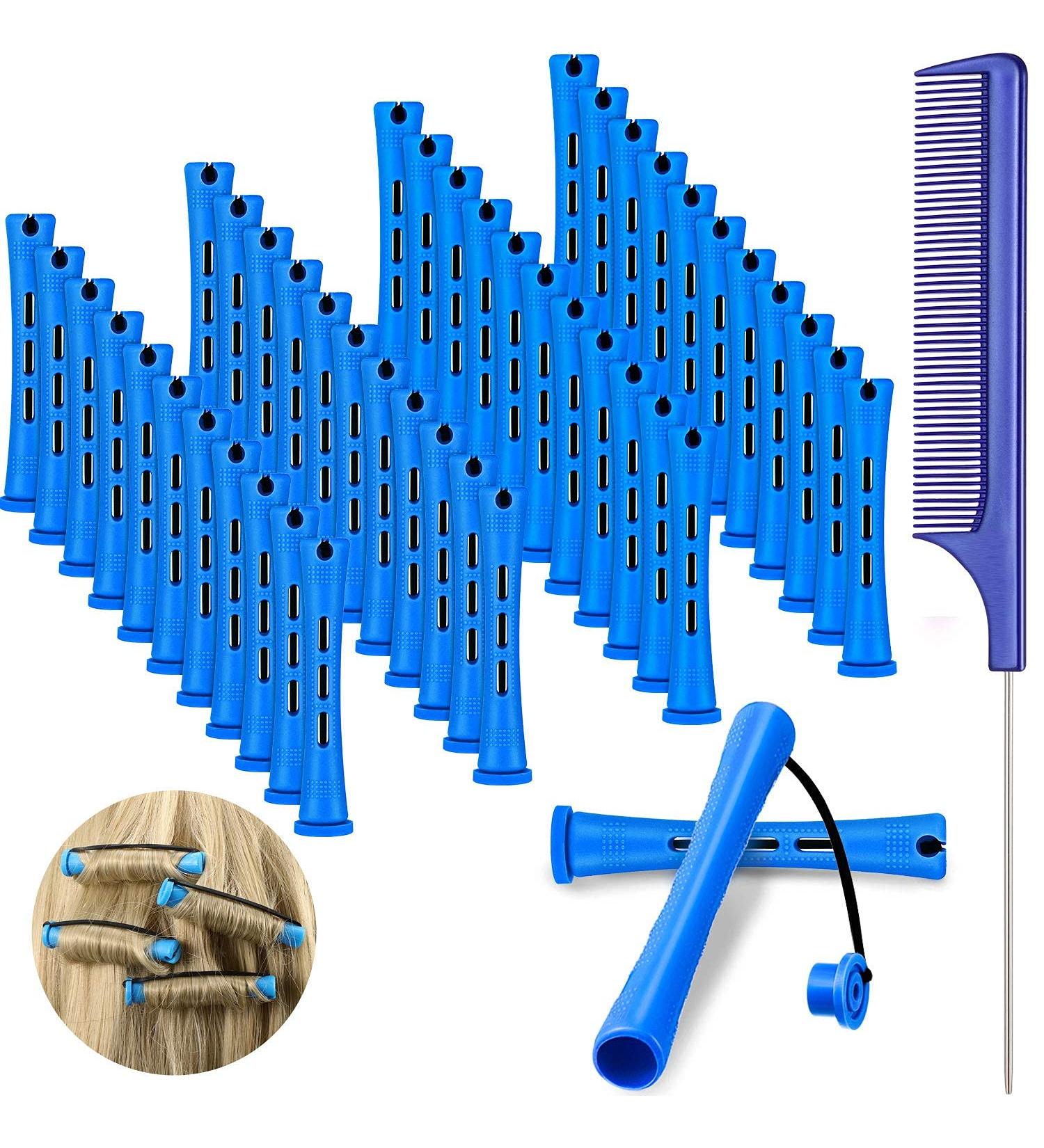 48 Piece Hair Perm Rods Set with Rat Tail Comb - 0.35 Inch Blue Cold Wave Curlers for Hairdressing Styling - Buy Online on GoSupps.com