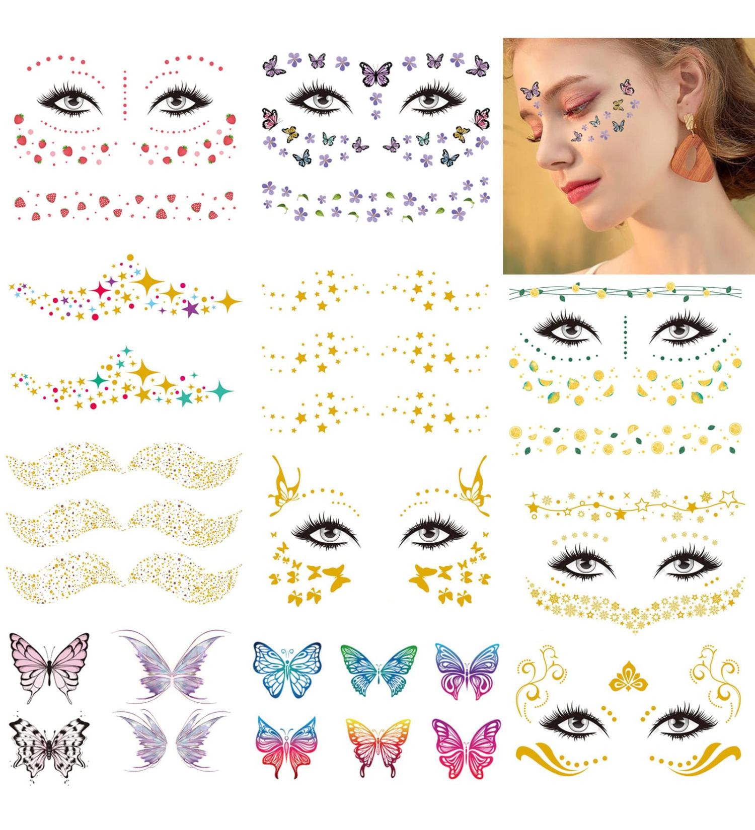 Tazimi Glitter Face Temporary Tattoos - 16 Sheets | Butterfly, Daisy, Totem, Snowflake | Halloween Makeup for Women & Girls | Metallic Freckles, Facial Decoration for Dancer Costume Parties - Buy Online on GoSupps.com