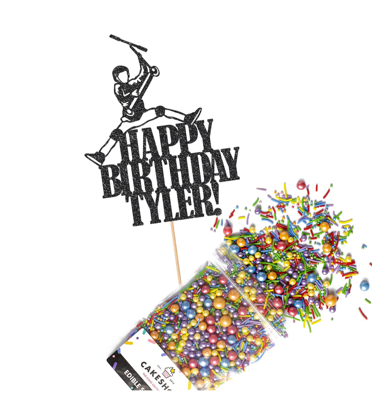 Cakeshop Cake Decoration Pack | Scooter Birthday Theme Premium Double Sided Glitter Card Cake Topper Sign & 25g Party Pack of Cake Sugar Sprinkles | Custom Name Cake Decorations (Black) Prime Glitter Card: Black - Buy Online on GoSupps.com