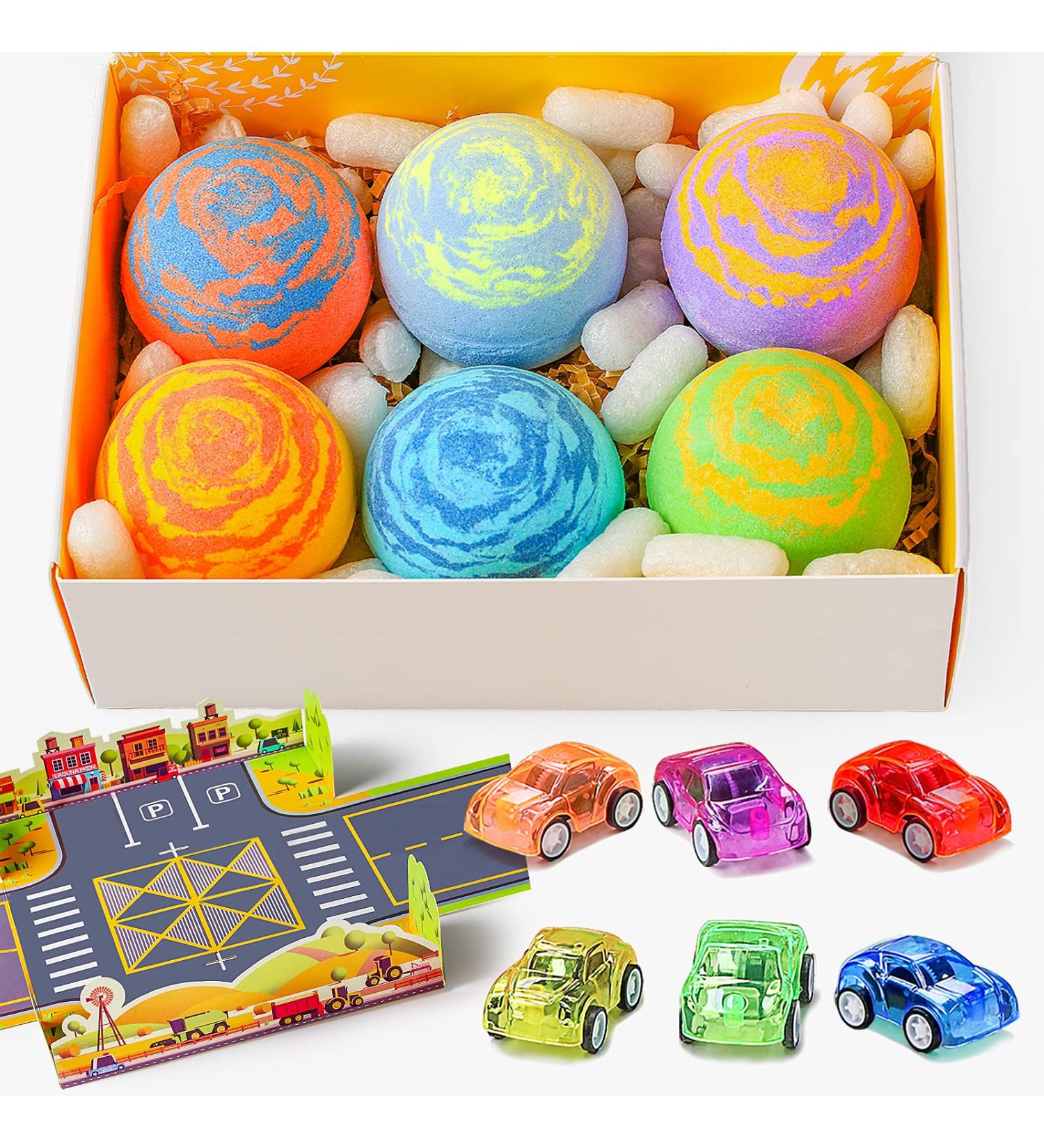 Kids Bath Bombs Set - 6pc Extra Large Organic Fizzy Bath Bombs with Toy Car Surprise - Handmade with Natural Oils for Boys and Girls - Fun Birthday Gift Idea - Buy Online on GoSupps.com