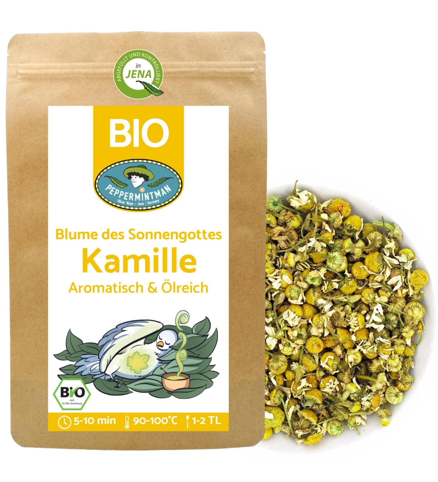 Organic chamomile tea 1000 g from Europe very oily whole chamomile flowers dried aromatic and rich in oil directly from the European family business PEPPERMINTMAN organic chamomile tea 1000g - Buy Online on GoSupps.com