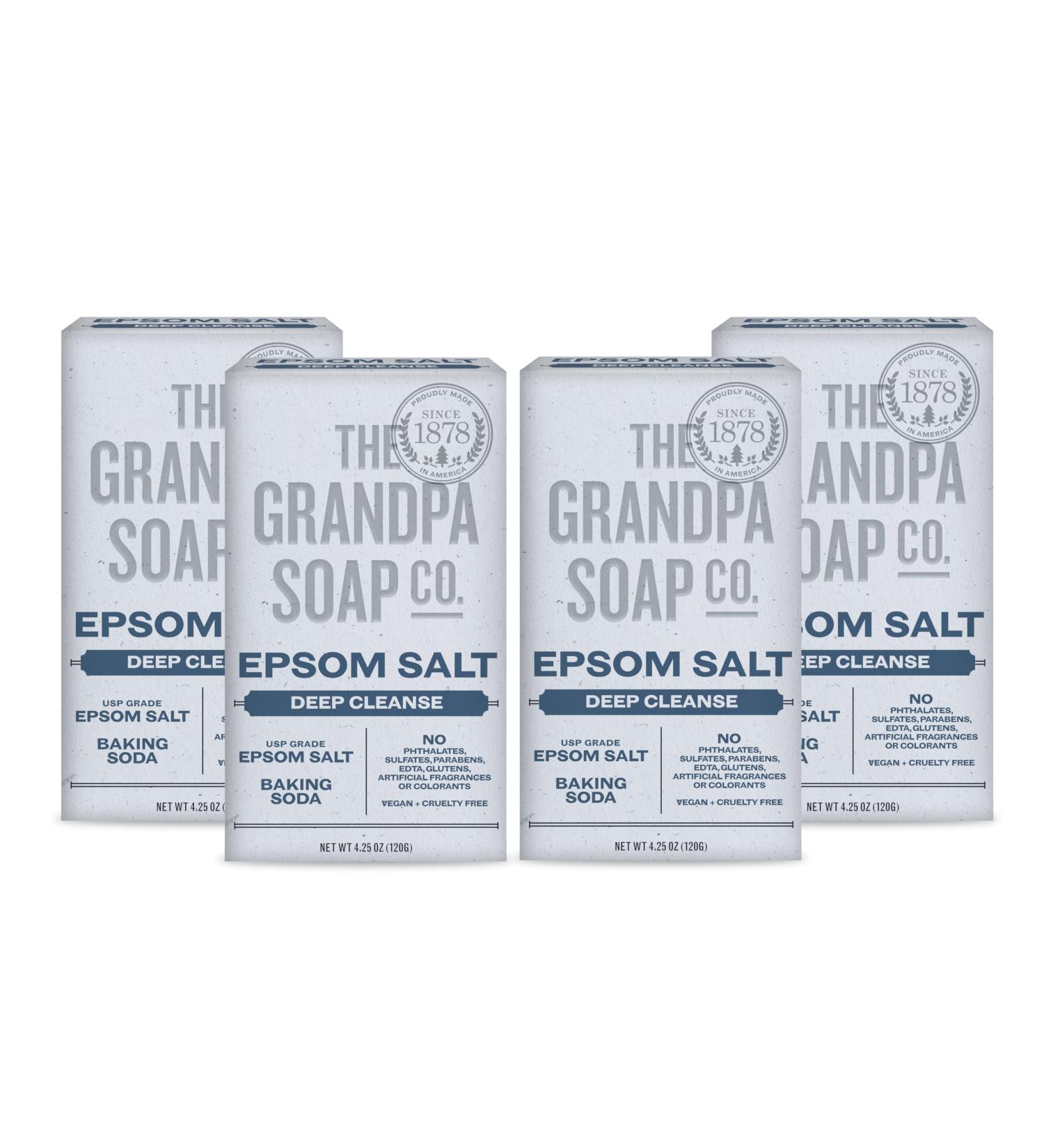 Grandpa Soap Epsom Salt Bar Soap - Deep Cleansing Vegan Soap for Face & Body 4.25 Oz (4 Pack) - Removes Dirt Grease & Grime - Buy Online on GoSupps.com