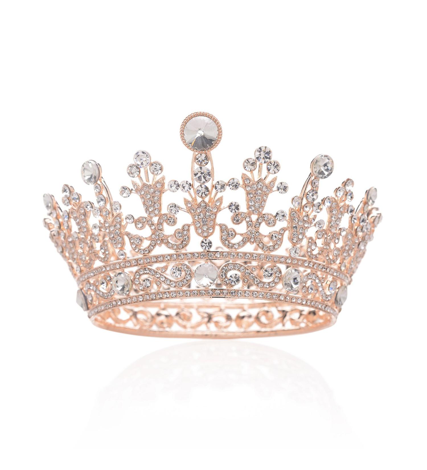 SWEETV Crystal Queen Crown for Women - Full Round Birthday Tiara Cake Topper for Pageant, Prom, and Wedding - Rose Gold - Buy Online on GoSupps.com