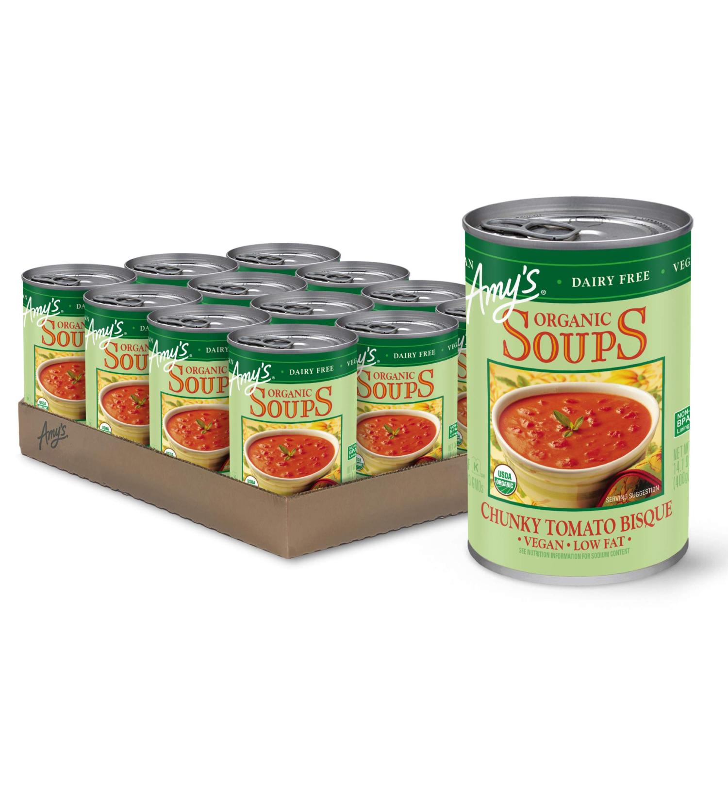 Organic Amy's Vegan Tomato Bisque Soup - Gluten Free, Low Fat | 14.1 oz (Pack of 12) - Buy Online on GoSupps.com