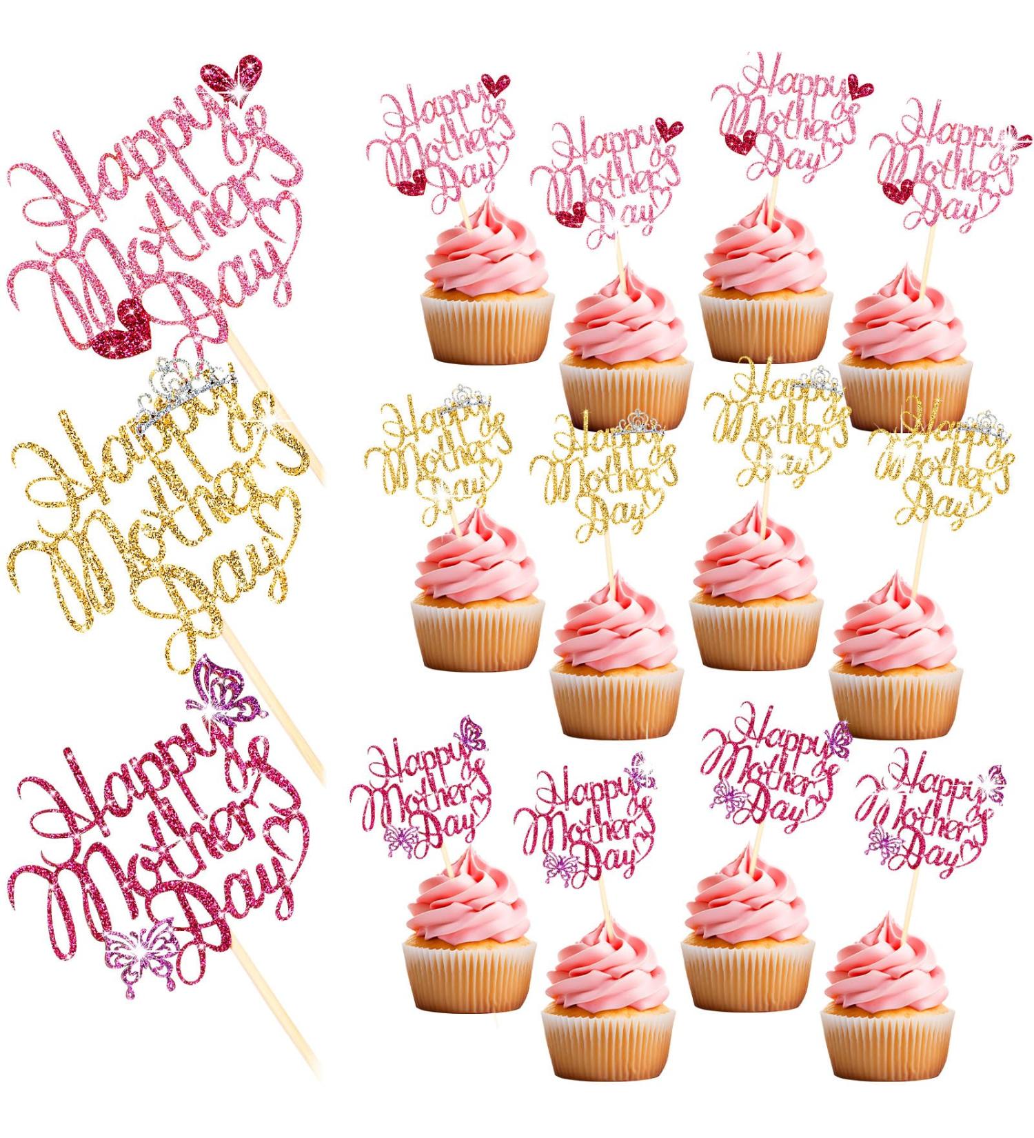 Spakon 60 Pcs Happy Mothers Day Cupcake Toppers Glitter Cake Toppers Cupcake Stickers Love You Mom Heart Mother Happy Birthday Party Supplies Icing Decorations (Stylish Style) - Buy Online on GoSupps.com