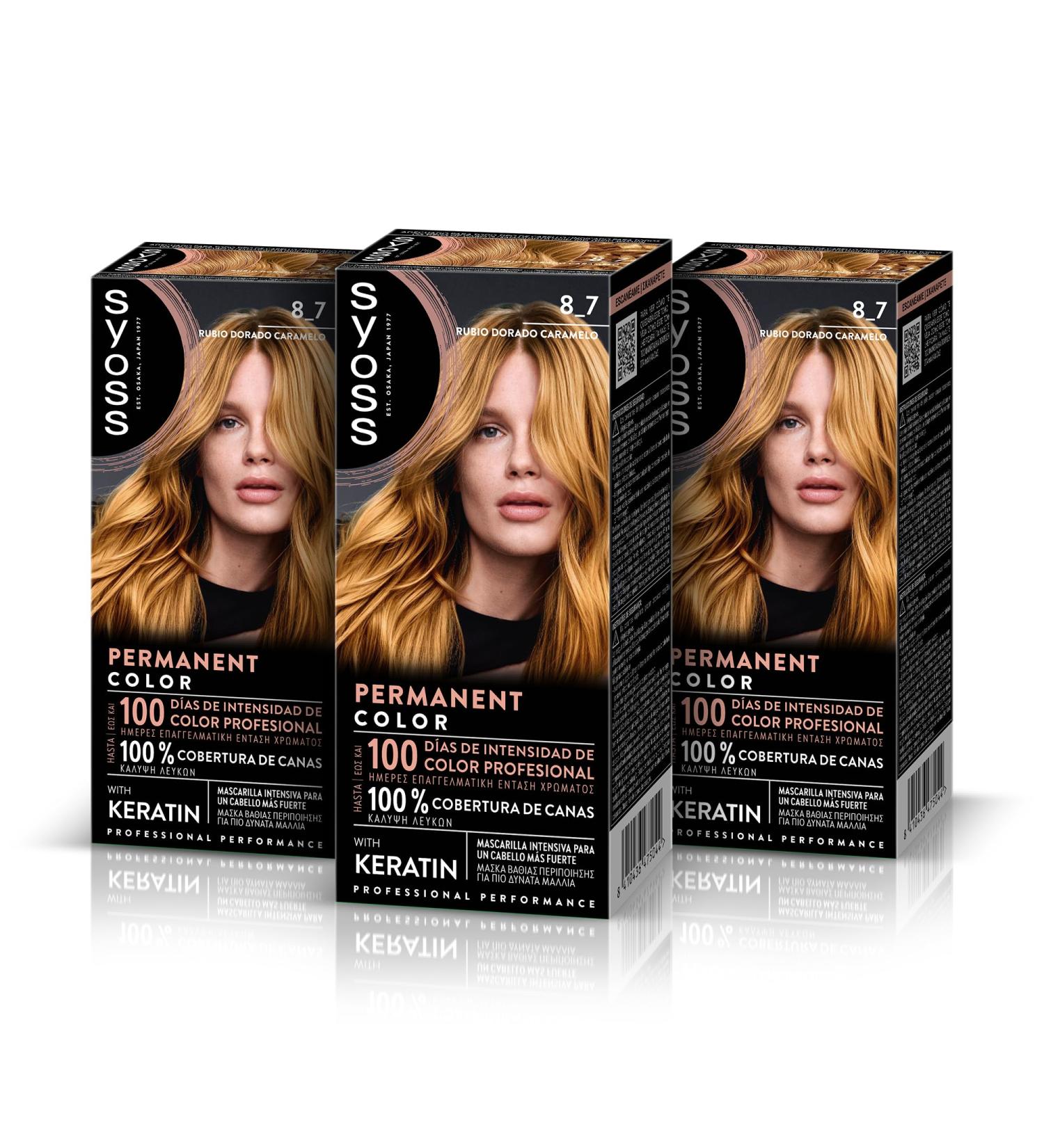  Syoss SYOSS Permanent Color 8-7 Golden Blonde Caramel Hair Colour and Keratin Mask for Professional Coverage of Grey Hair Lasting Colour and Intensive Care Pack of 3 - Buy Online on GoSupps.com