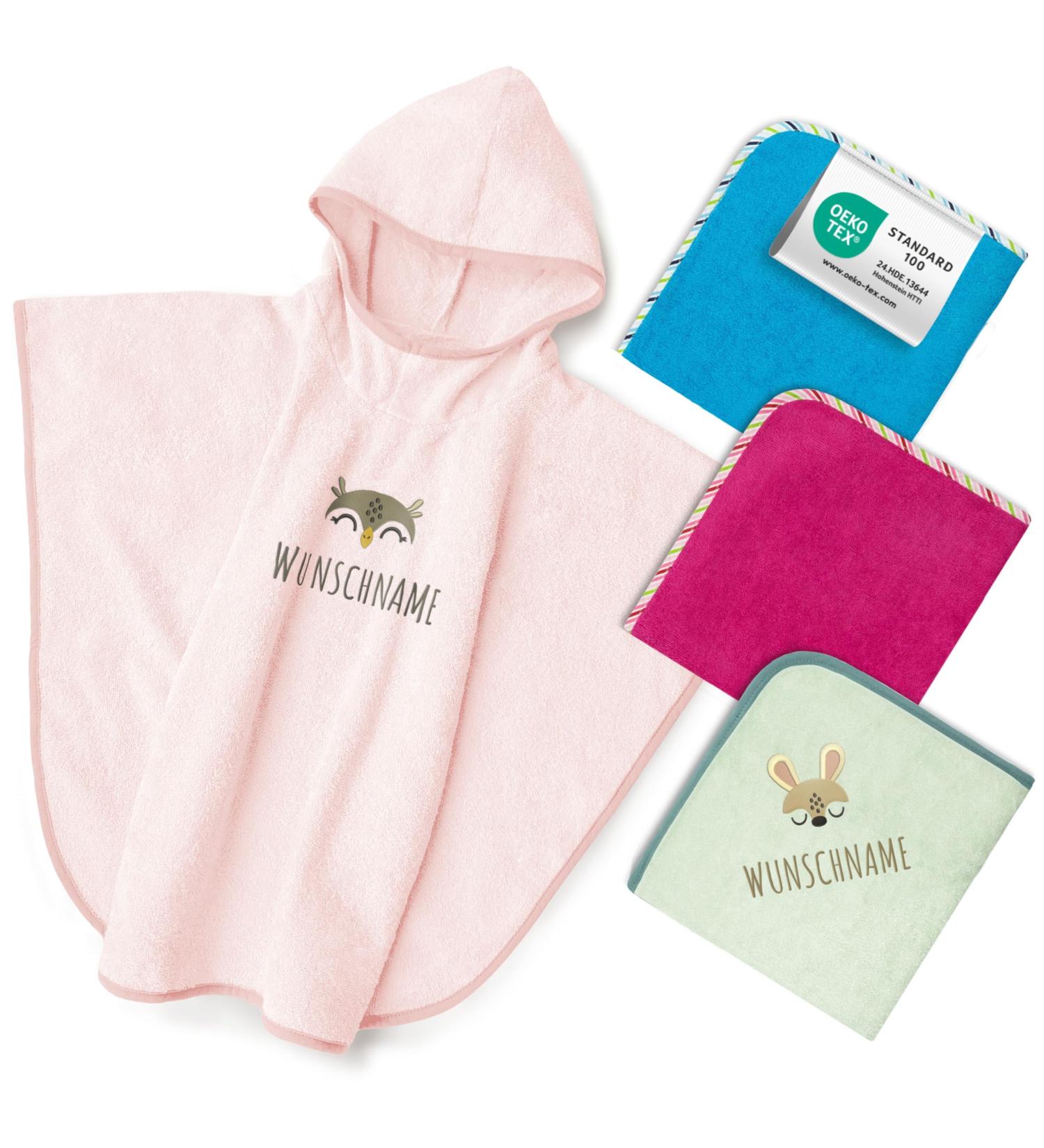 Personalized Pink Badeponcho for Kids - Oeko-Tex Cotton Hooded Towel with Embroidered Names & Motifs | My Stitchery - Buy Online on GoSupps.com